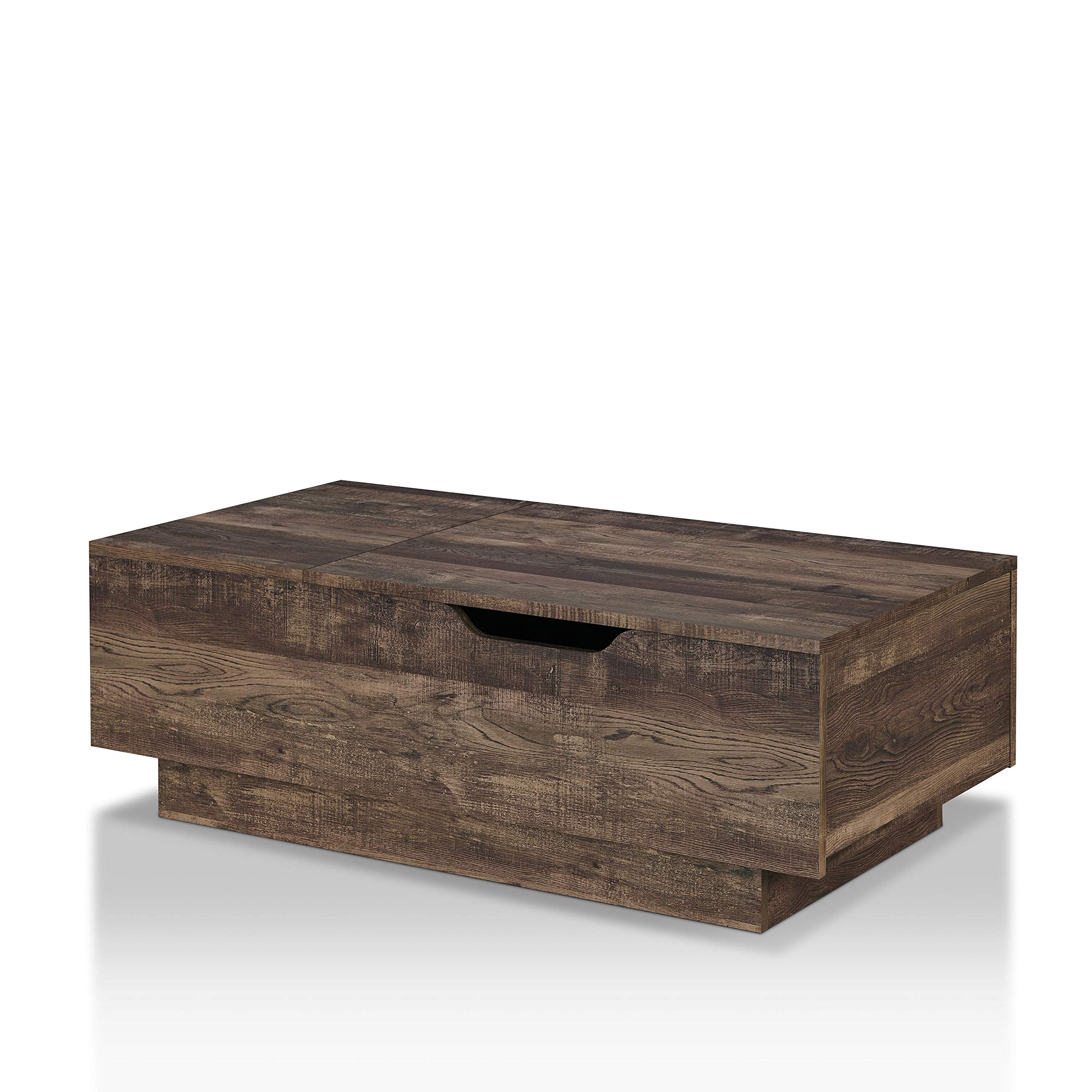 Rustic Reclaimed Oak Distressed Lift Top Coffee Table - Brown Modern Farmhouse Style with MDF Veneer Wood Finish | Perfect for Living Room, Lounge & Home Office