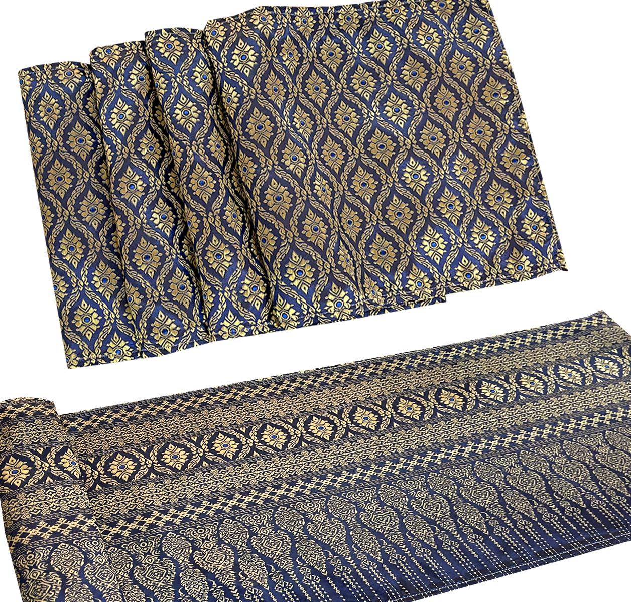 AMORNPHAN Traditional Thai Silk Damask Brocade Table Runner & Placemats Set - Handwoven 100% Silk, Washable Dining Table Decor (1 Runner + 4 Placemats) - Perfect for Formal Dinners, Weddings & Asian-Themed Home Decor