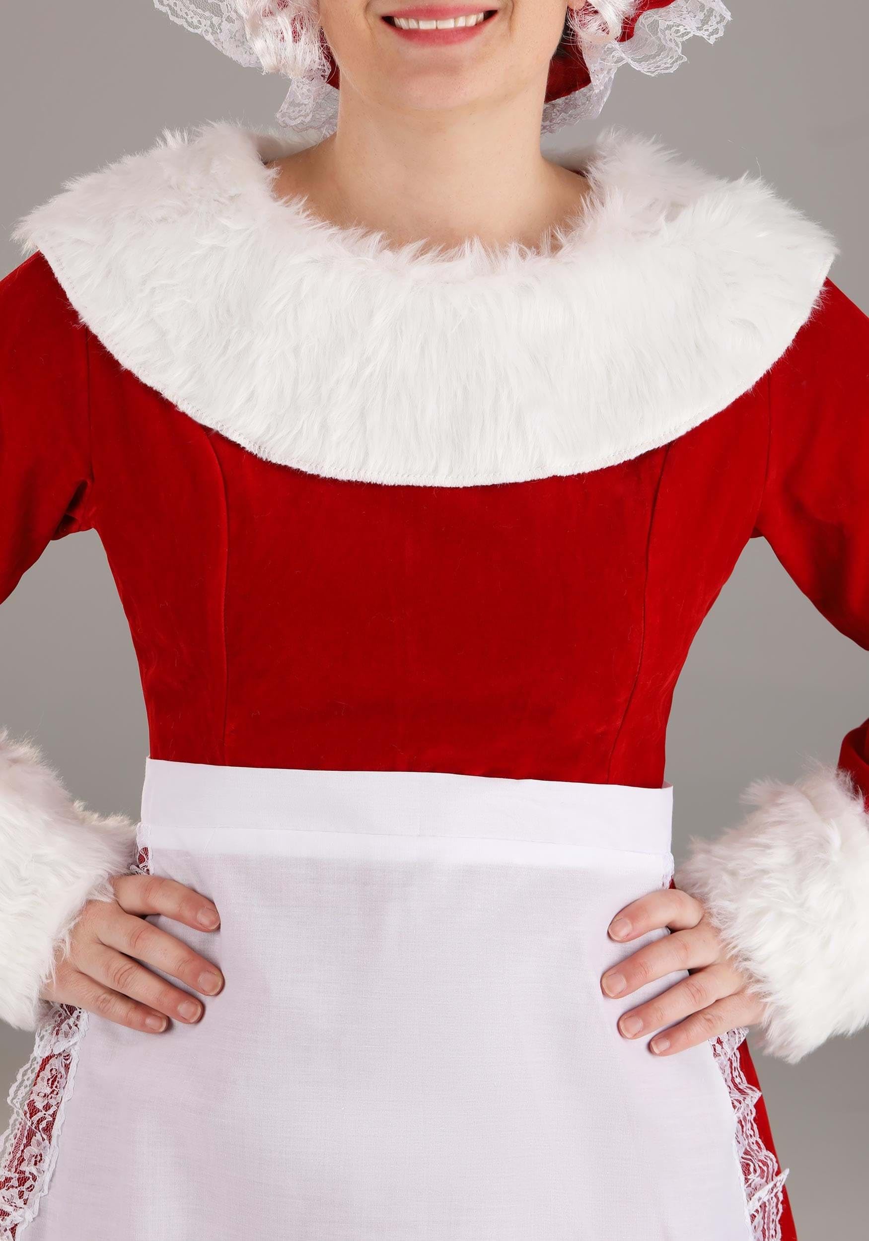Mrs. Claus Costume for Women - Red Santa Dress with White Fur Trim & Matching Bonnet & Apron | Christmas Party, Holiday Cosplay, Festive Costume Outfit