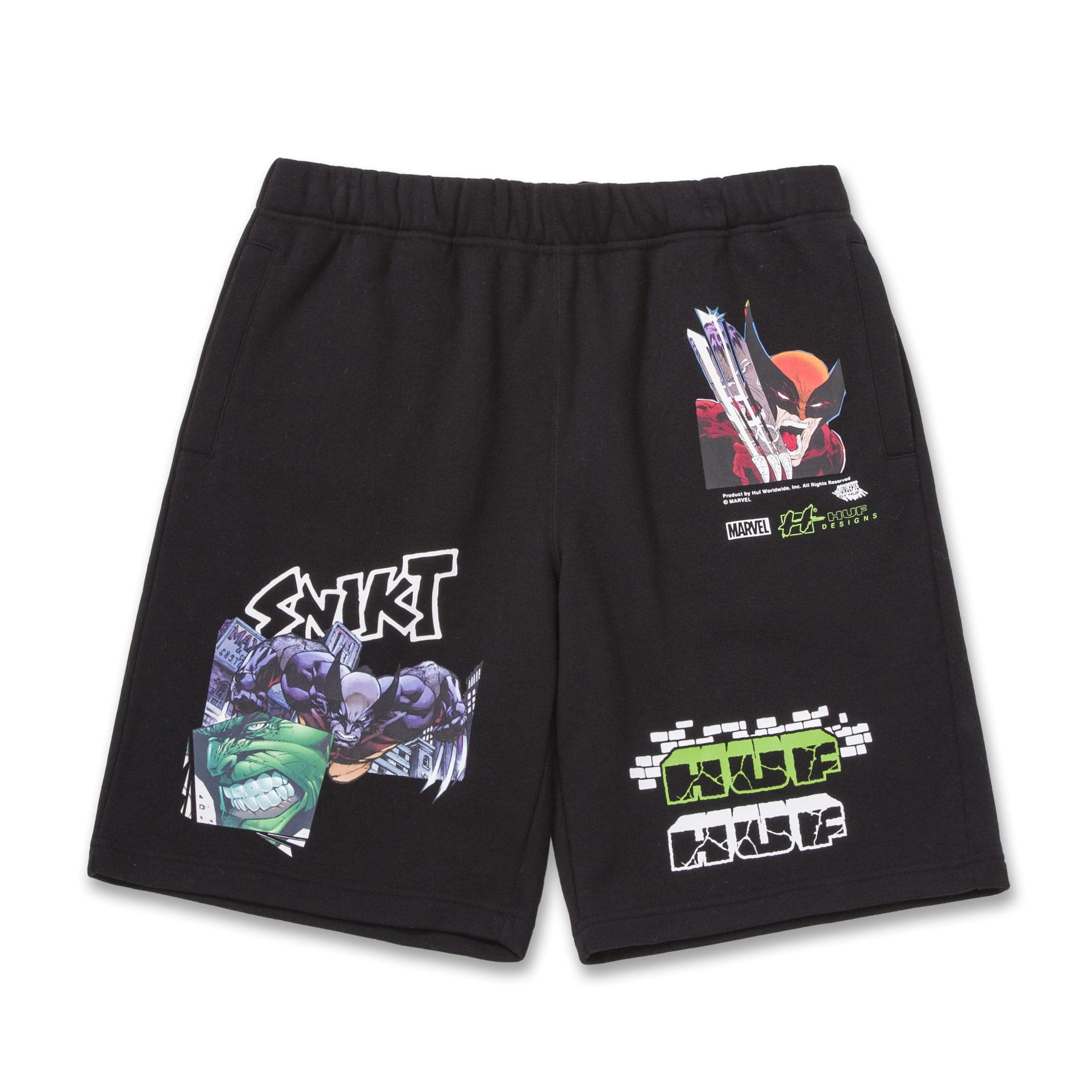 HUF x Marvel Smash Up Fleece Shorts for Men - Black Cotton Comfortable Lounge & Streetwear Pants (Perfect for Casual Wear, Gym, and Home Relaxation)
