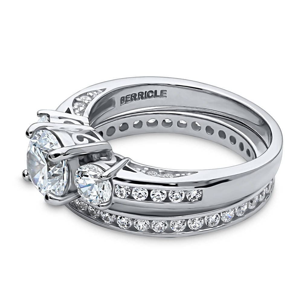BERRICLE Sterling Silver 3-Stone Wedding & Engagement Ring Set - 1 Carat Round Cut Cubic Zirconia CZ for Women - Rhodium Plated Size 4-10 - Perfect for Proposals, Anniversaries & Special Occasions