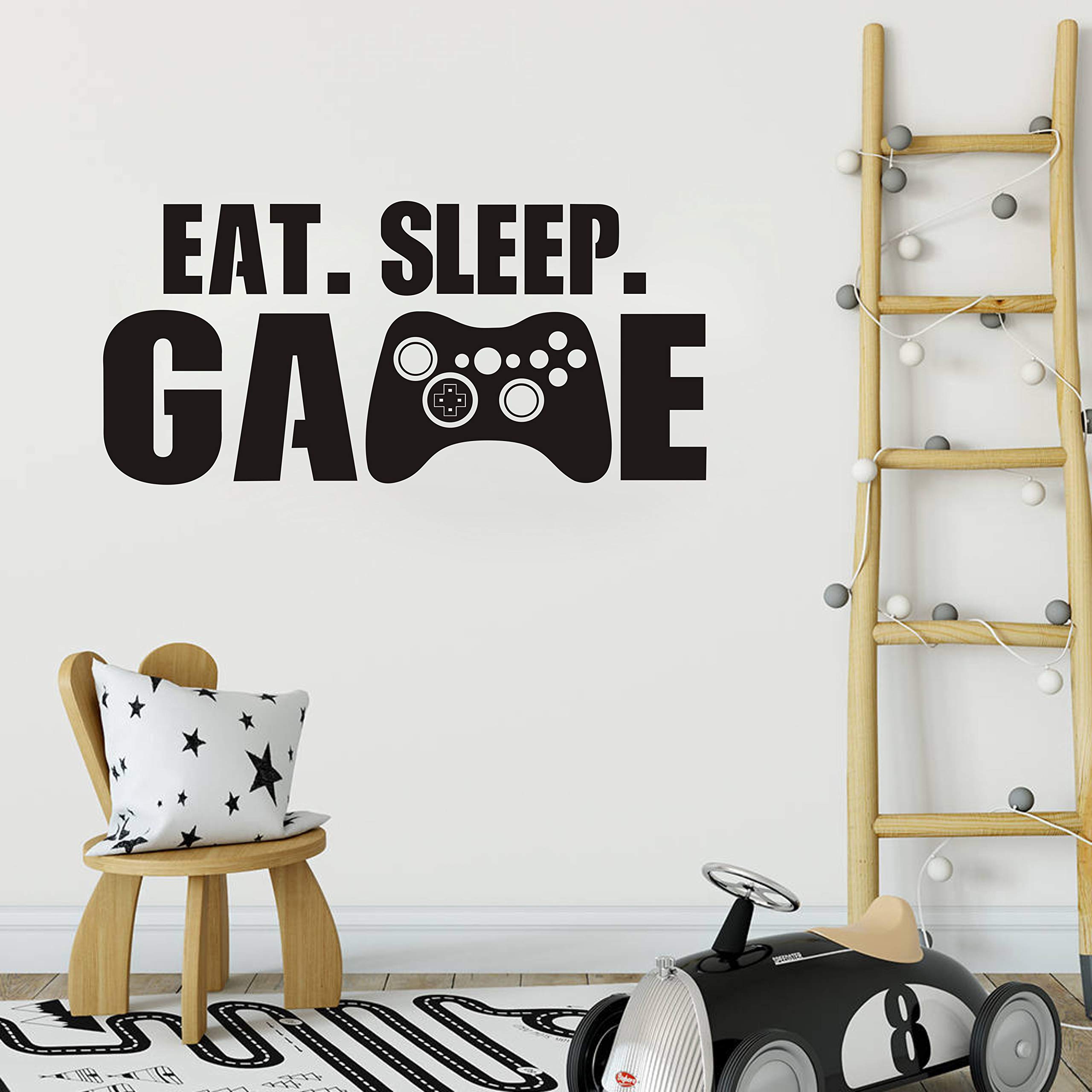 Eat Sleep Game Wall Decal - Gamer Controller Vinyl Wall Stickers for Kids Bedroom & Nursery Decor - Black Video Game Themed Wall Art - Perfect for Gaming Room, Teen Bedroom & Gamer Gifts