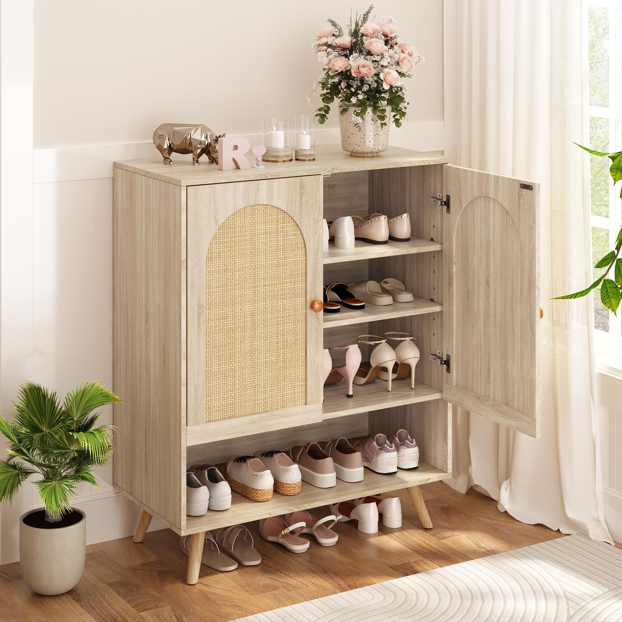 Rattan Shoe Storage Cabinet with Doors - Adjustable Shelves Boho Wooden Shoe Organizer for Entryway, Hallway, Living Room - Light Oak Finish | Perfect for Small Spaces, Apartment Entryway & Closet Organization