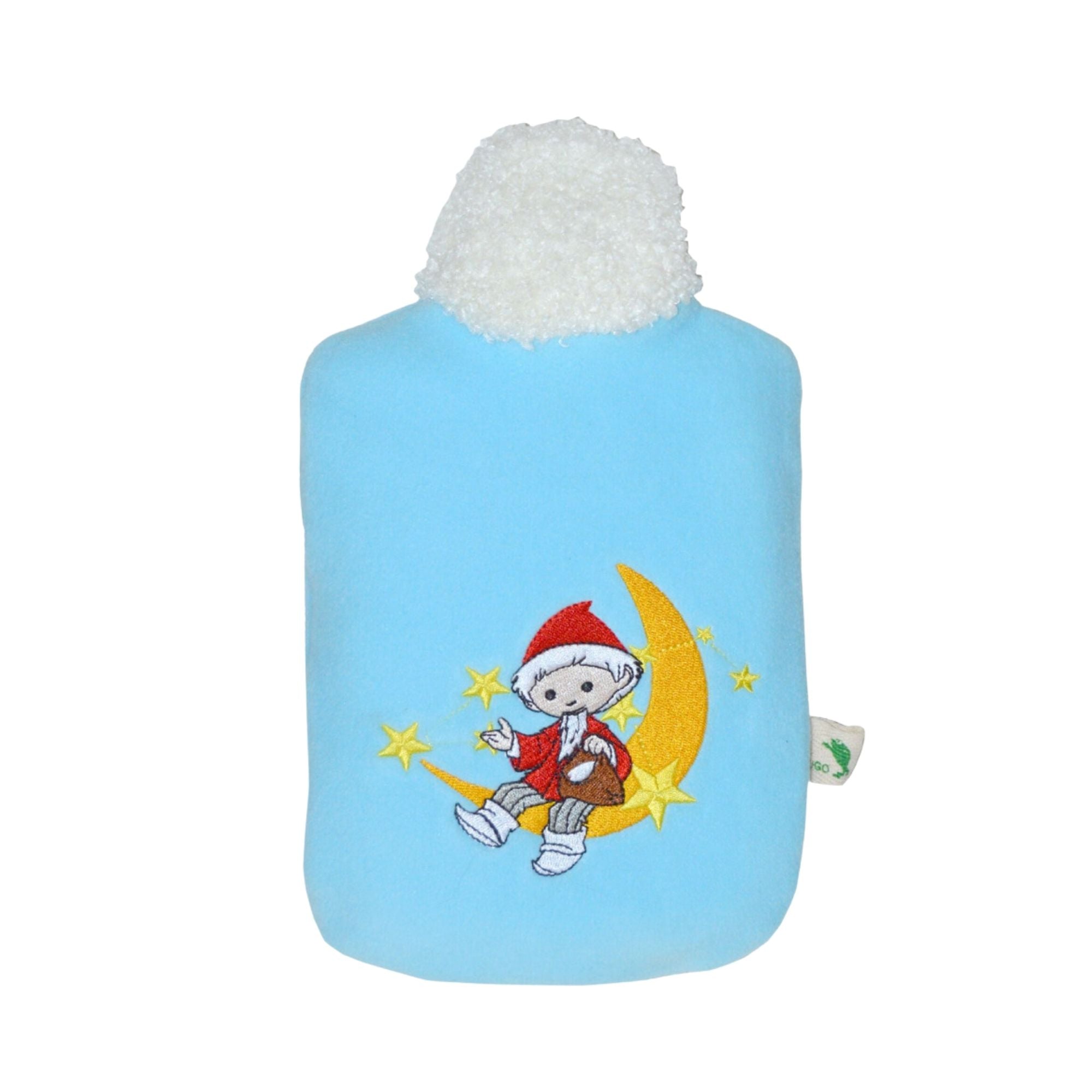 0.8L Eco-Friendly Hot Water Bottle with Sandman Moon Design - Soft Fleece Blue Cover (Rubber-Free) - Perfect for Winter Warmth, Pain Relief & Cozy Nights