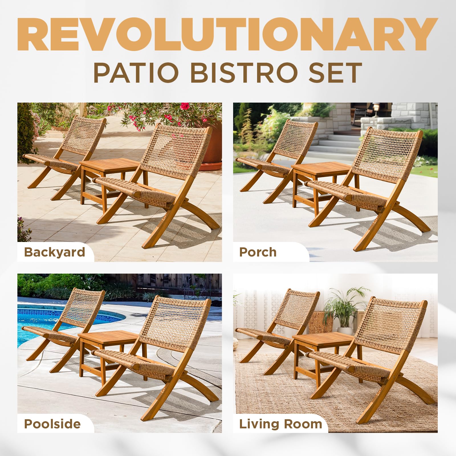 IDZO 400lbs Capacity Twisted Wicker Foldable Reclining Bistro Set of 3 - FSC Certified Acacia Wood Patio Furniture for Outdoor, Garden, Balcony & Indoor Use - Perfect for Backyard Relaxation, Poolside Lounging and Dining Al Fresco