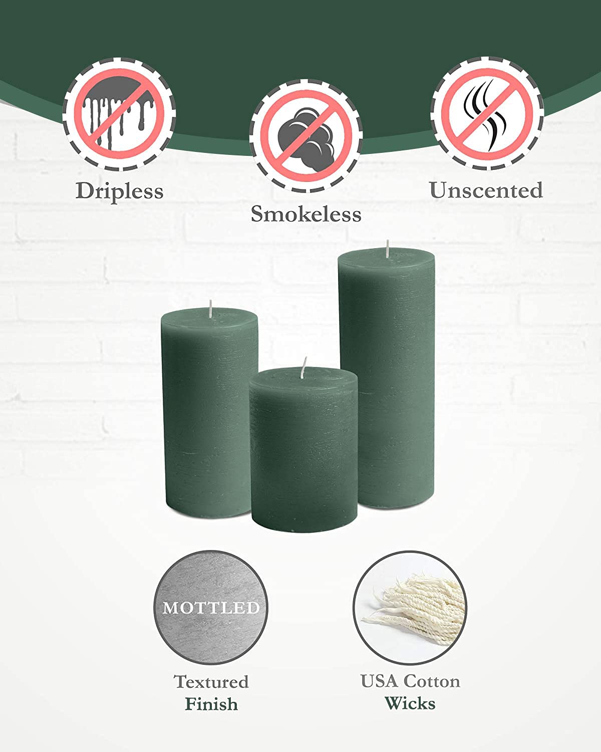 BASK Mottled Dark Green Unscented Pillar Candles Set of 3 - Dripless Large Smokeless Candles for Weddings, Home Decor, Holidays & Special Occasions