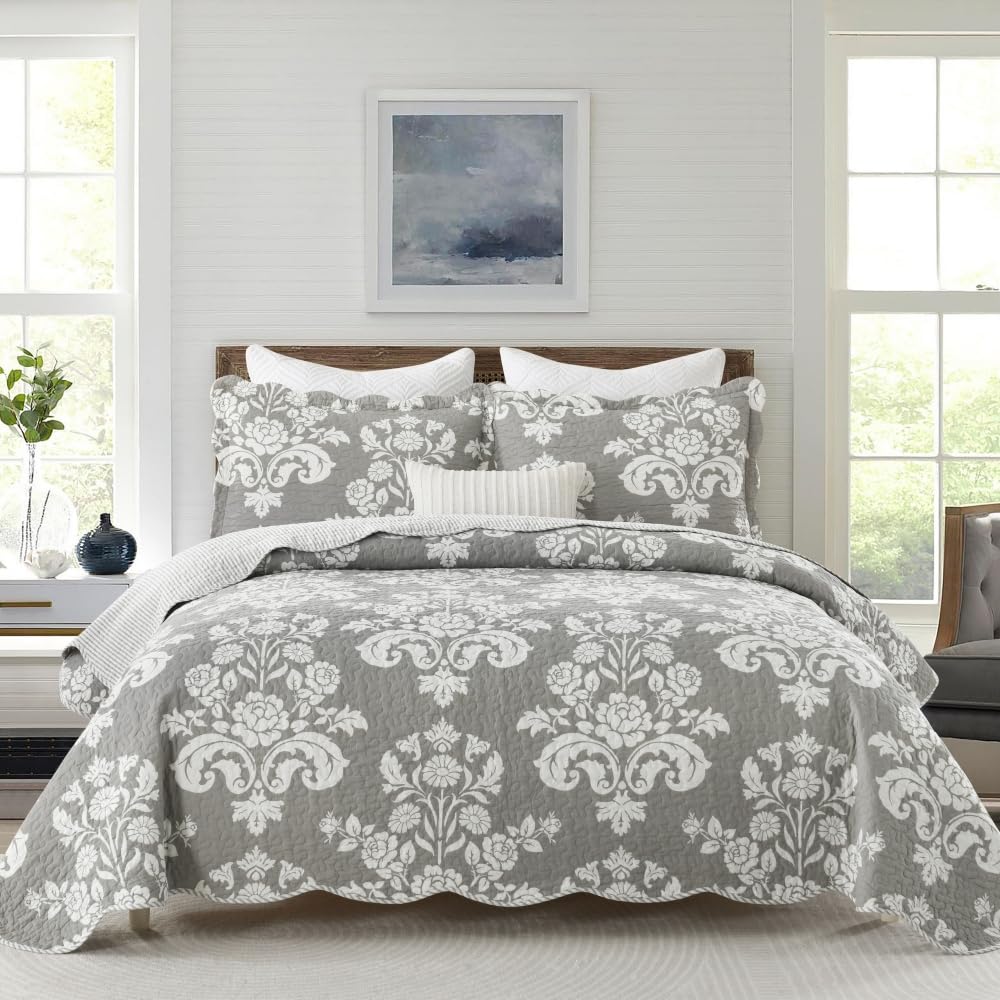 Queen Size Quilt Set - 100% Cotton Lightweight Reversible Farmhouse Paisley Floral Bedspread | 3-Piece Grey White All Season Bedding | Perfect for Master Bedroom, Guest Room & Cozy Farmhouse Decor