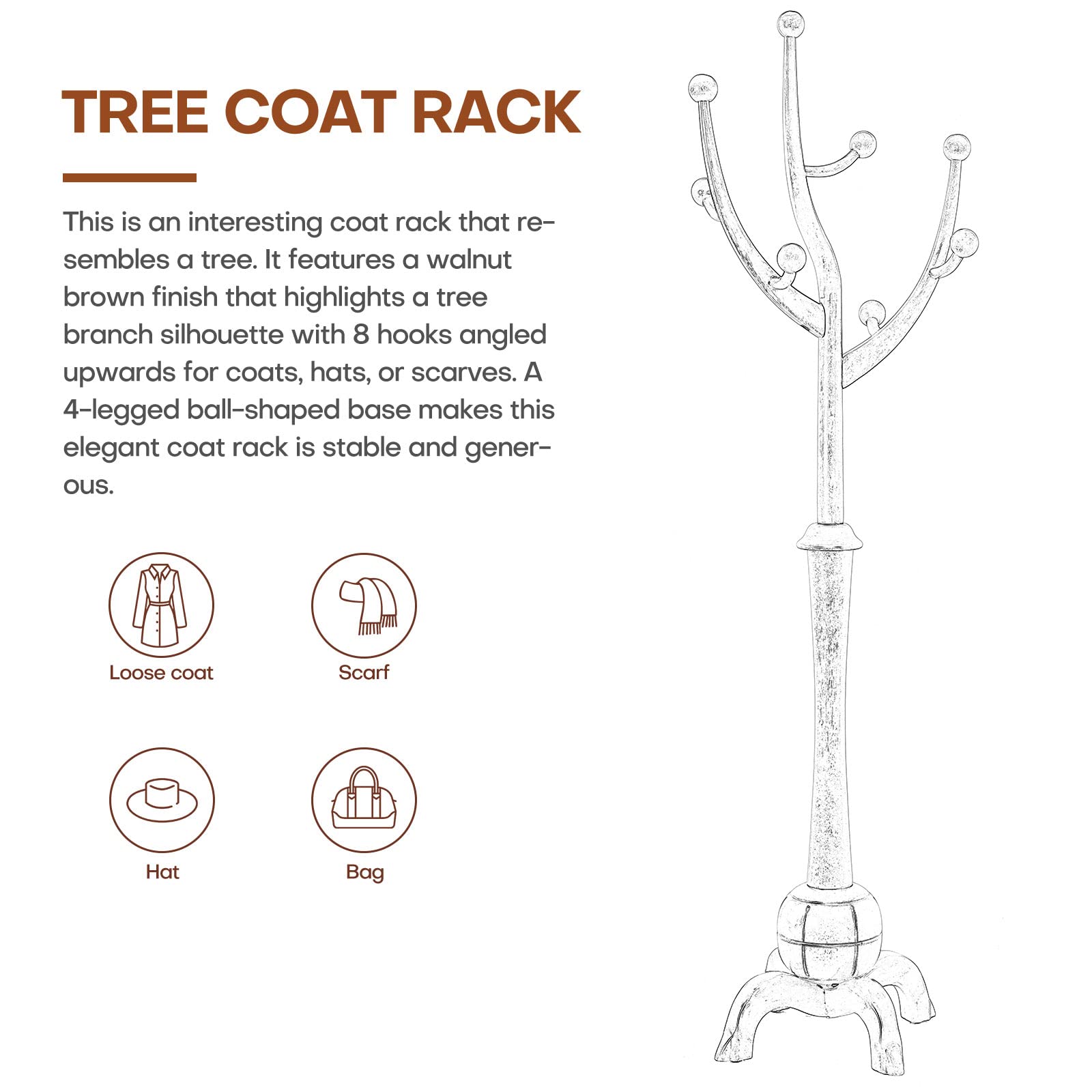 Freestanding Wood Coat Rack with 8 Hooks - Creative Tree Branch Design - Heavy Duty Clothes Hanger Stand with Stable Sphere Base (160lbs Capacity, Light Brown) - Perfect for Entryway, Hallway, Bedroom & Living Room Organization