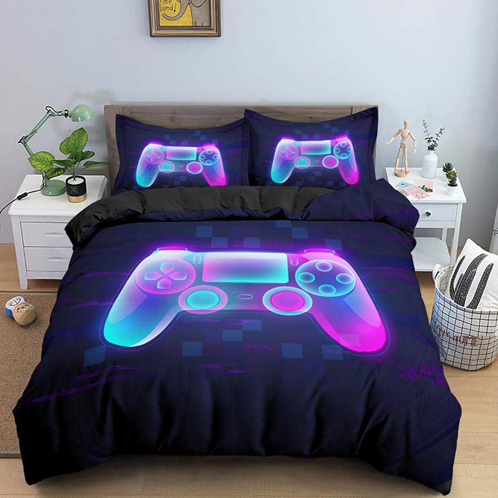 Stylish Gamer Duvet Cover Set - Queen Size Cartoon Game Controller Design - 3 Piece Bedding Set in Black & Grey - Perfect for Teen Boys' Gaming Room Decor & Comfort