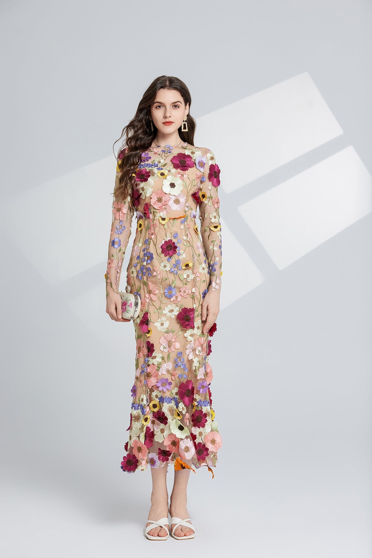 CAROL Brown Floral Embroidered Mesh Long Sleeve Midi Dress for Women - Elegant Party, Wedding Guest & Spring Occasion Wear