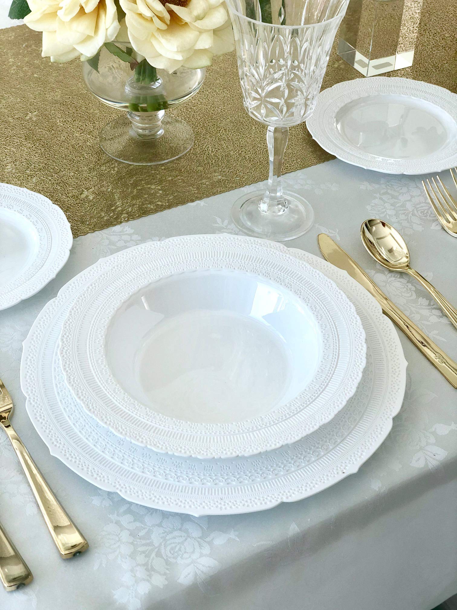 720-Piece Heavyweight Vintage Wedding Disposable Plastic Plate Set (120 Guests) - Premium Chateau White Plates with Silver Silverware & Double Forks | Elegant Dinnerware for Weddings, Parties, Banquets & Special Events
