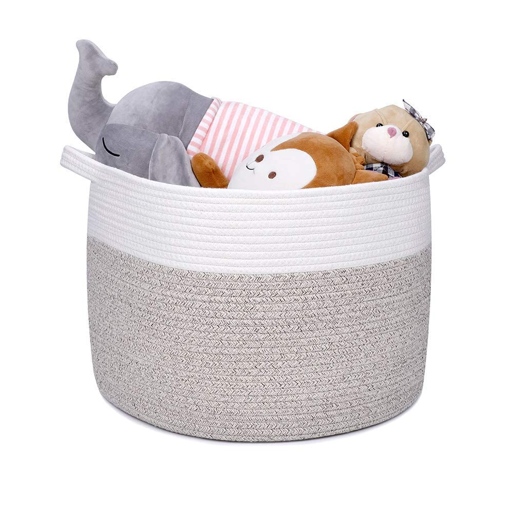 Large Cotton Rope Storage Basket - 20''X20''X13'' Woven Hamper with Handles for Pillows, Diapers & Laundry | Decorative Round Toy Basket in 2-Toned Design | Perfect for Nursery, Living Room & Bedroom Organization