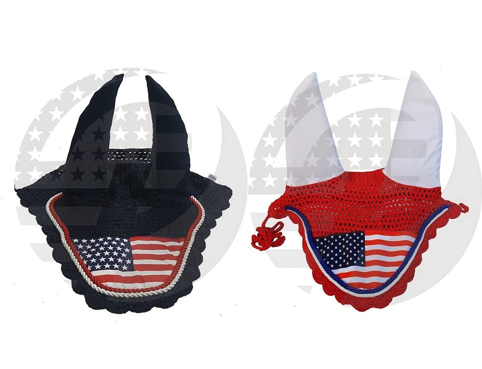 USA Flag Horse Ear Bonnet Fly Veil - Crochet Equestrian Bonnet in 2 Styles (Full & Red) for Show Jumping & Dressage | Breathable Sun Protection for Horses