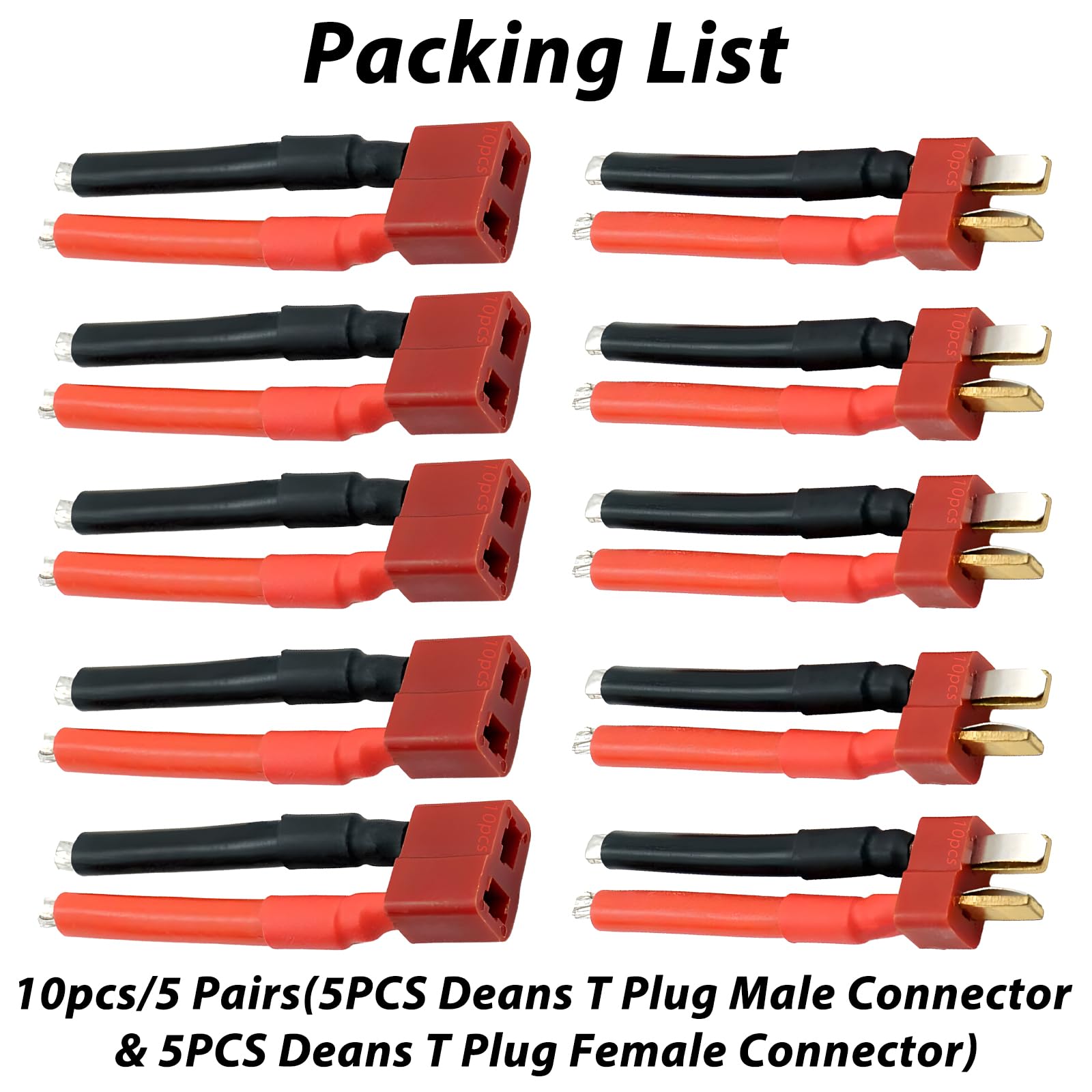 10PCS Deans T Plug Connectors - Female & Male 14AWG Silicone Wire Cable for RC Car, Drone, Lipo Battery - DIY RC Model Accessories (5 Female + 5 Male) - Perfect for RC Hobbyists, Battery Upgrades & DIY Electronics Projects