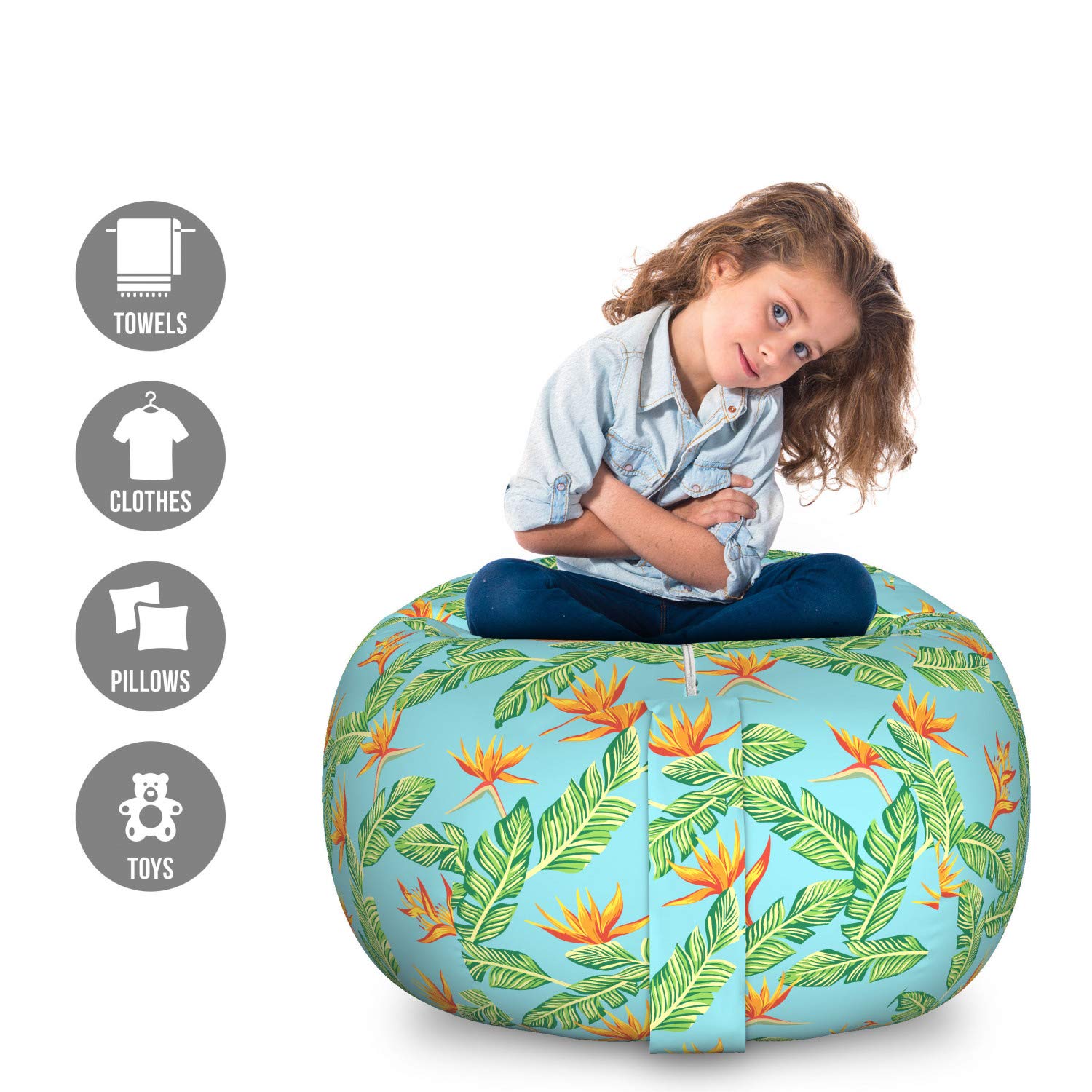 Ambesonne Tropical Storage Toy Bag Chair - Exotic Hawaiian Leaves & Bird of Paradise Design - Large Washable Stuffed Animal Organizer - Pale Blue Orange Green - Perfect for Kids' Room, Playroom & Nursery Organization