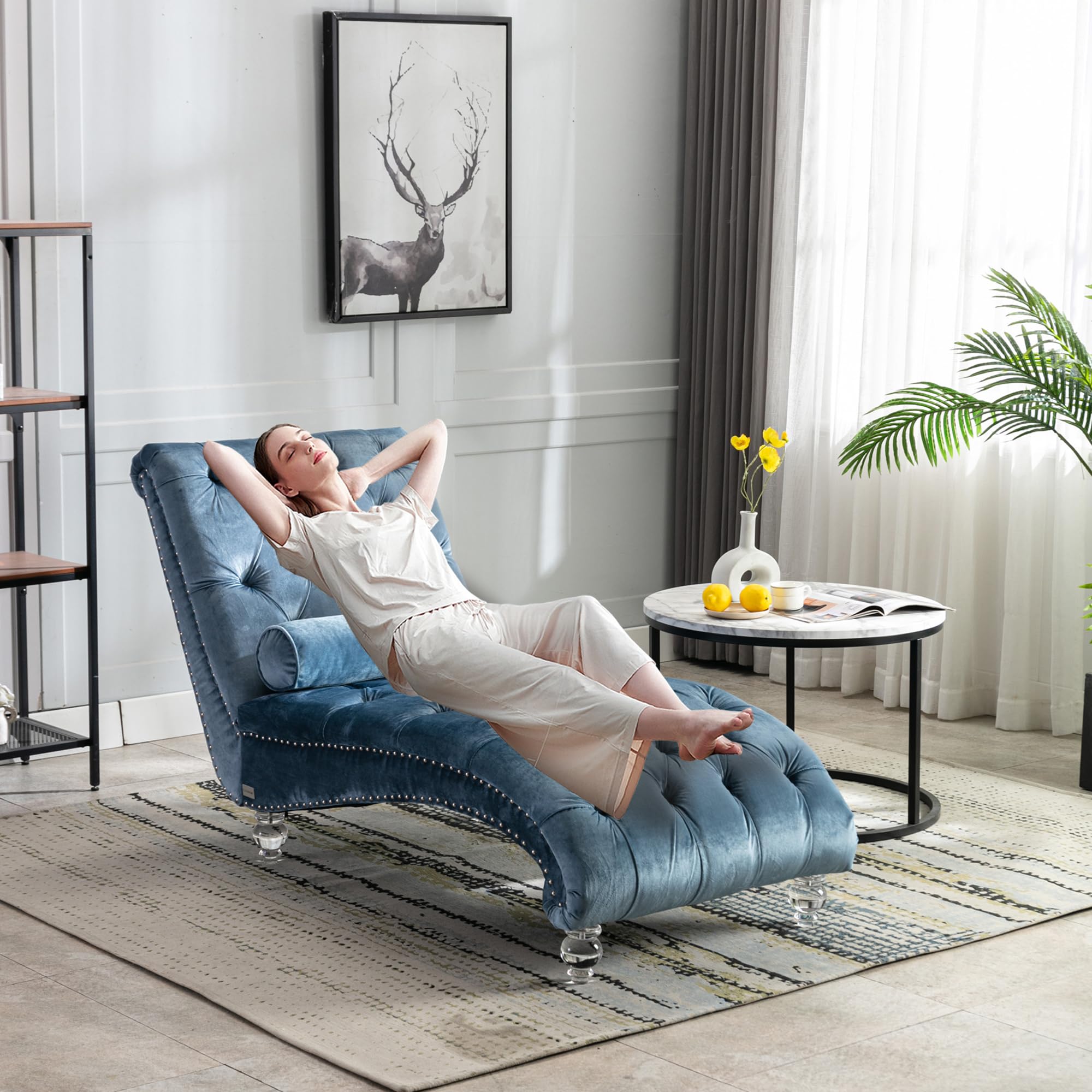Tufted Velvet Chaise Lounge Chair for Living Room & Bedroom - Upholstered Sofa with Waist Pillow & Acrylic Feet - Curved Cushion Fabric Sleeper Chair (Light Blue) - Perfect for Relaxing, Reading & Small Space Decor