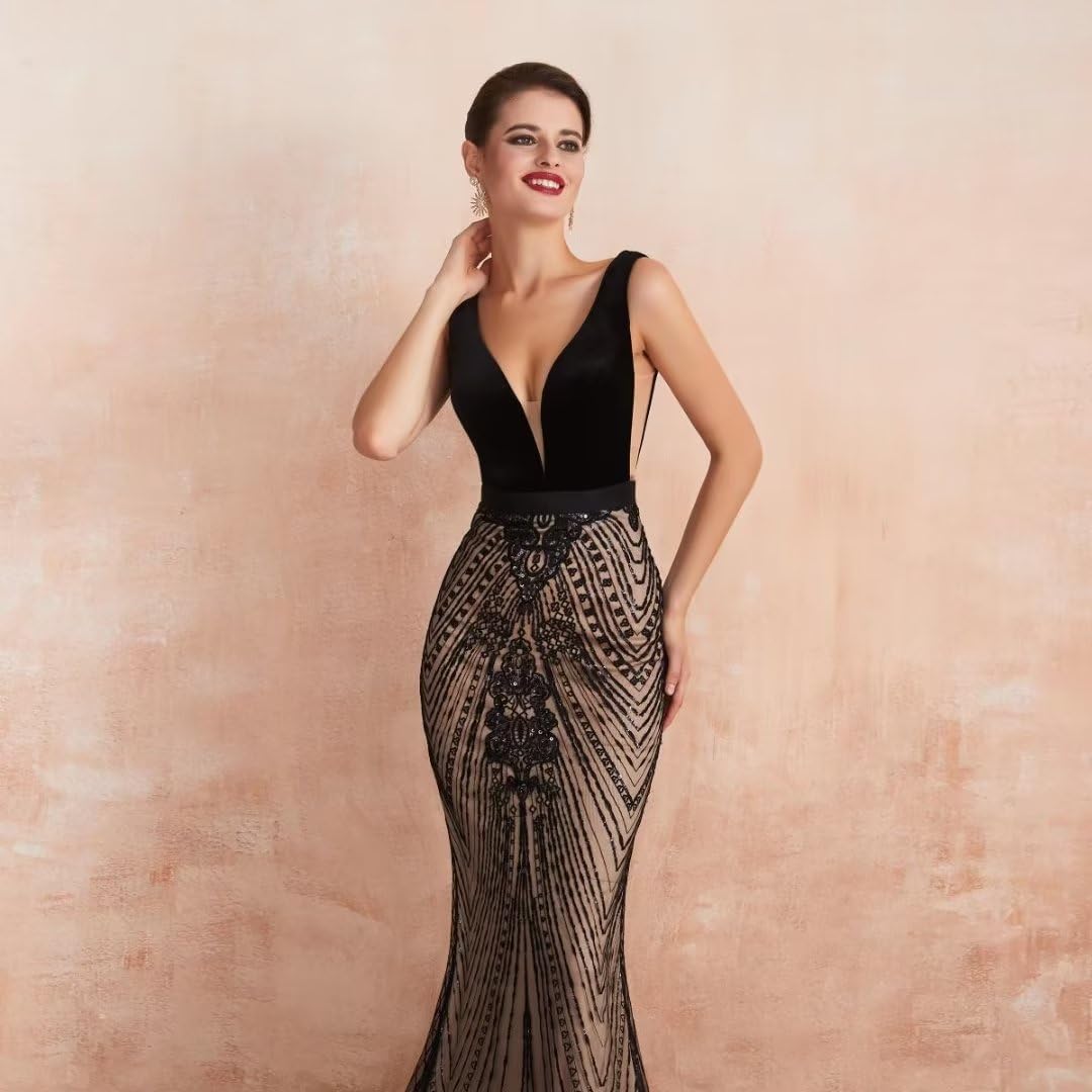 Elegant Women's Velvet Sequin V-Neck Mermaid Prom Dress - Sleeveless Evening Gown for Party, Wedding & Special Occasions