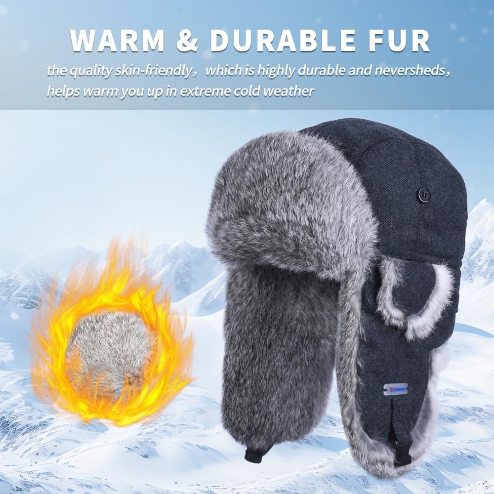 100% Real Rabbit Fur Russian Ushanka Winter Hat - Warm Aviator Trapper Hat with Ear Flaps for Hunting, Skiing & Outdoor Activities | Cozy Winter Accessory for Men & Women