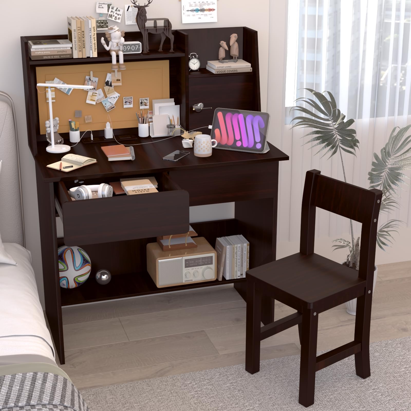Kids Study Desk with Drawers & Storage Shelf - Espresso Wooden Computer Desk & Chair Set for Children Ages 5-12 - Study Table with USB Charging Station - Perfect for Homework, Online Learning & Bedroom Organization