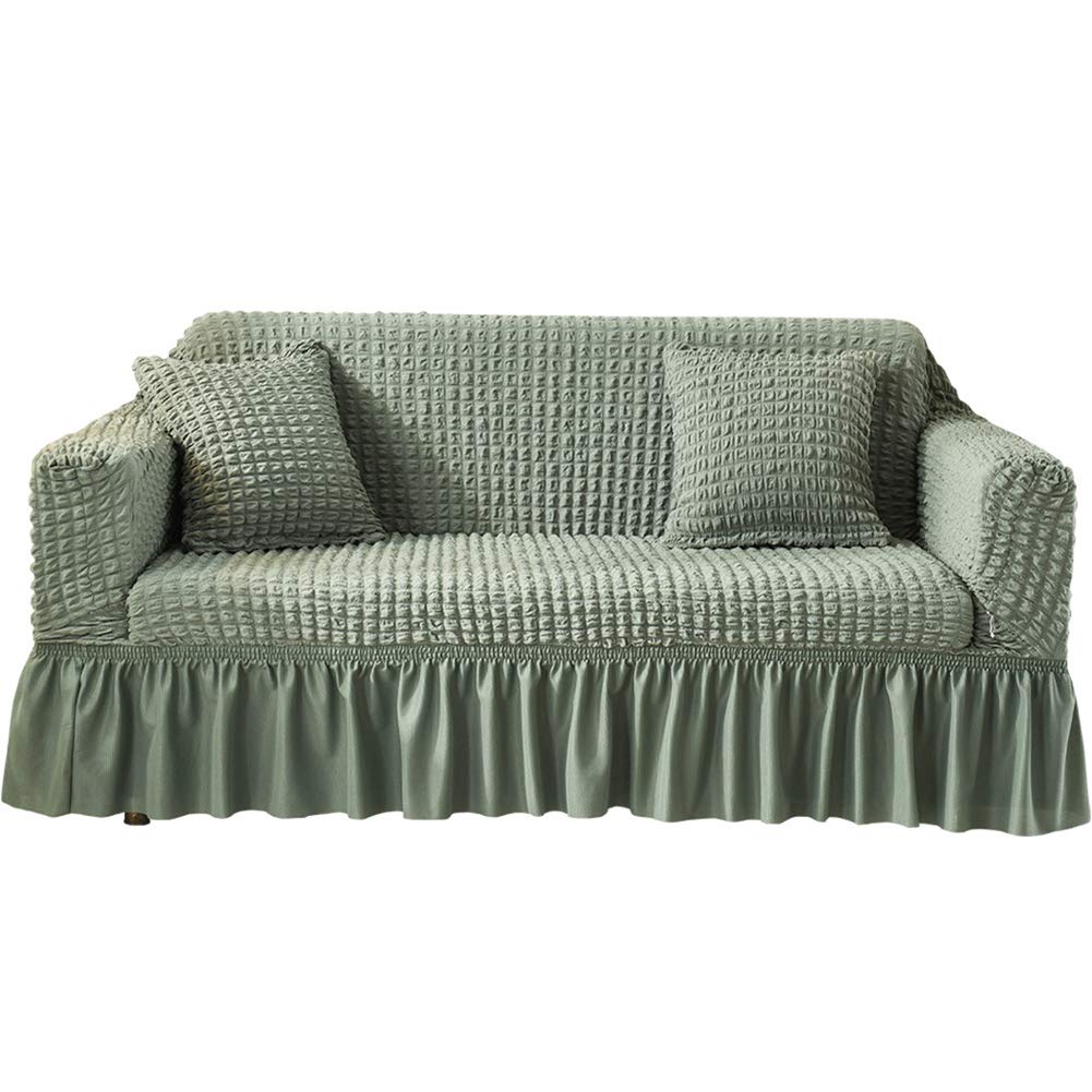Stretchable Durable Jacquard Sofa Slipcover with Skirt - Washable Furniture Protector, Easy Fit Couch Cover in Green Lattice Design | Perfect for Living Room, Family Room & Home Decor