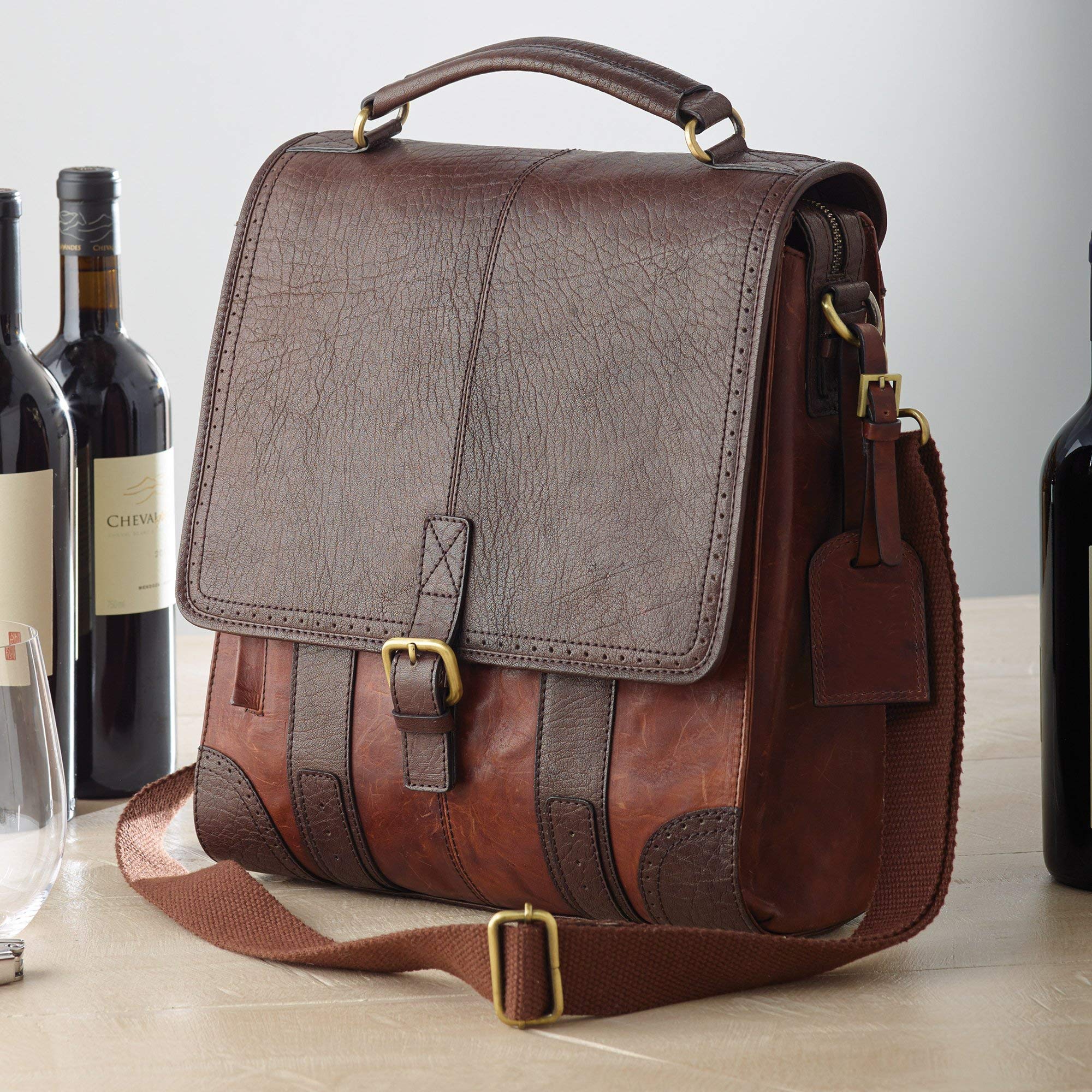Premium Handcrafted 3-Bottle Leather Wine Tote Bag with Dividers - Secure Buckle & Zipper Closure - Portable Wine Carrier for Picnics, Travel, Parties & Gifts - Ideal for Wine Lovers, Outdoor Events & Elegant Entertaining