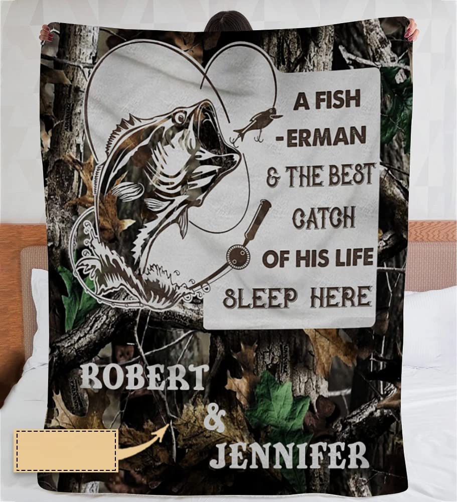 Personalized Camo Fishing Fleece Blanket for Couple - Custom Veteran Gift with Fishing Rod Design | Perfect for Christmas, Anniversary & Cozy Nights by the Lake