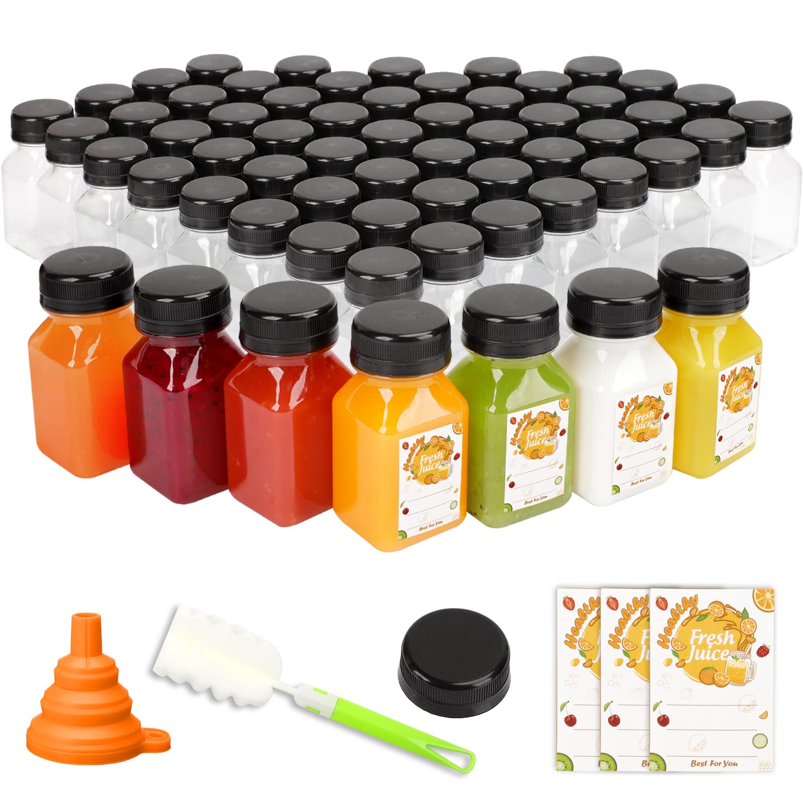 TOMNK 105-Pack 4oz Reusable Juice Bottles with Lids - Small Beverage Containers for Juicing, Milk, Smoothies & Drinks - Includes Labels, Funnel & Brush - Perfect for Meal Prep, Baby Food & Travel Snacks