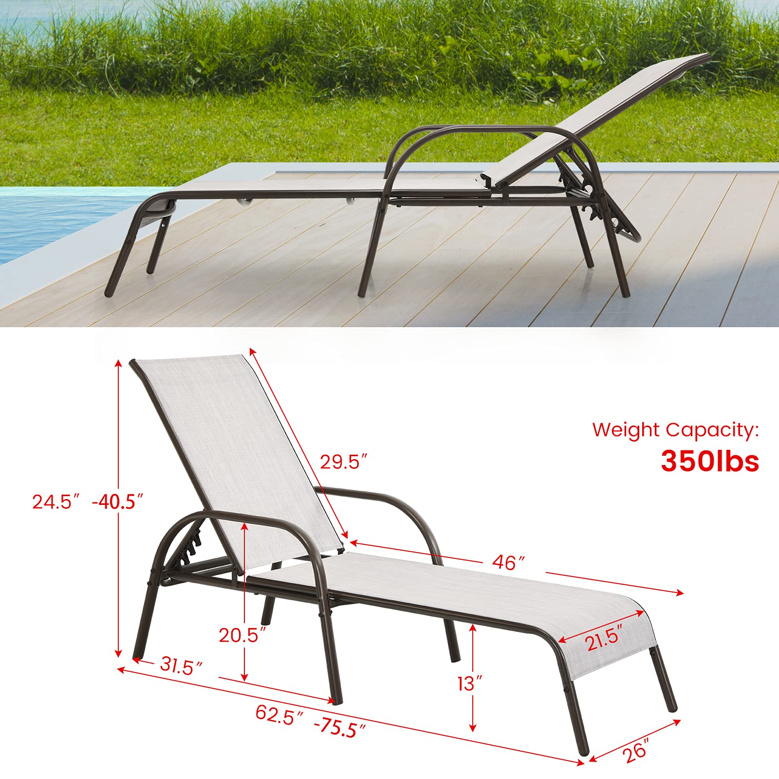 Giantex Set of 2 Adjustable Patio Lounge Chairs - Outdoor Chaise Lounge with 5-Position Backrest, Heavy Duty Steel Frame - Perfect for Sunbathing, Beach, Poolside, Backyard & Balcony Relaxation - Grey