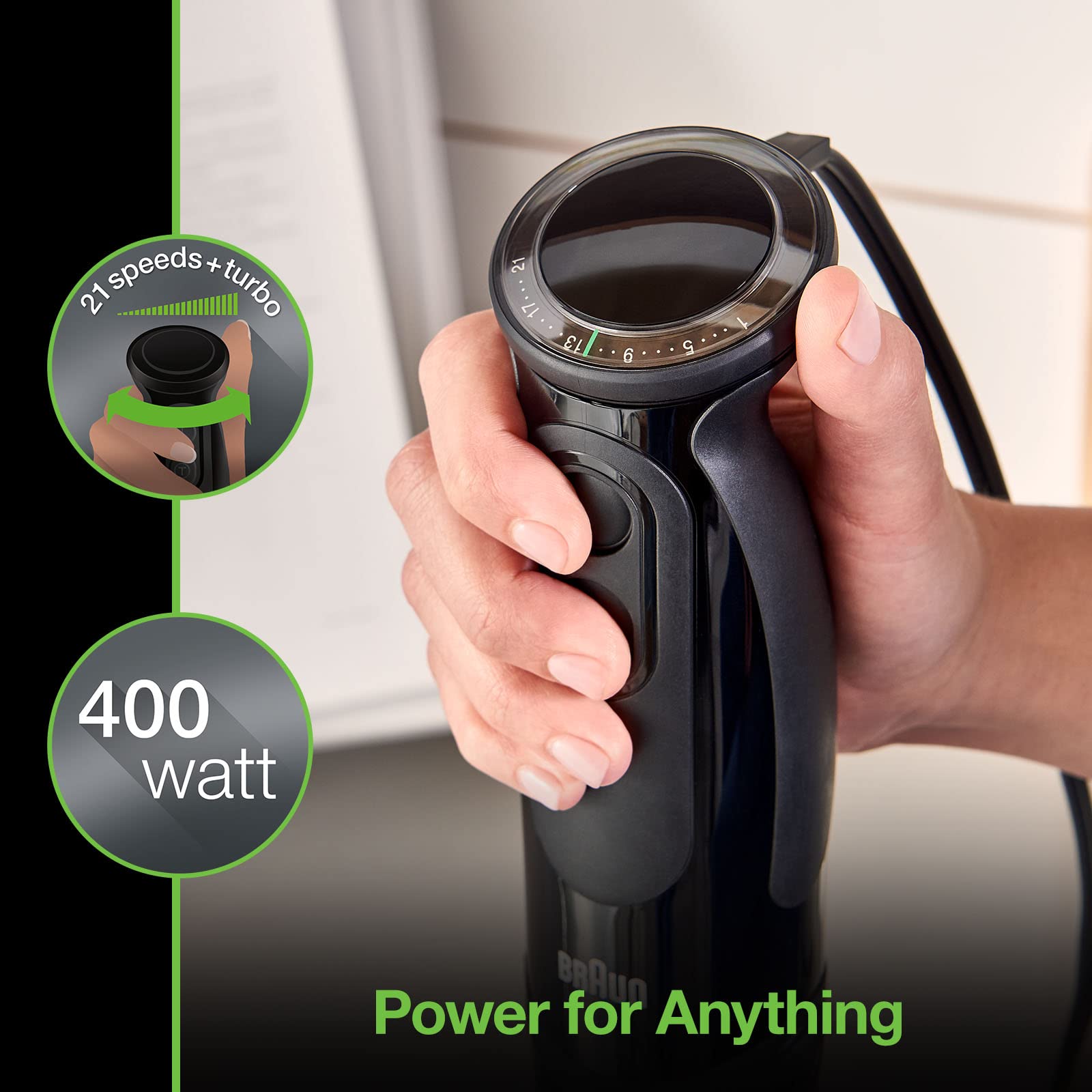 Braun MQ5000 Multiquick Vario Hand Blender - Powerful 500W Immersion Blender with 21 Speed Settings, Whisk & Chopper Attachments - Perfect for Smoothies, Soups, Baby Food & Baking (Black)