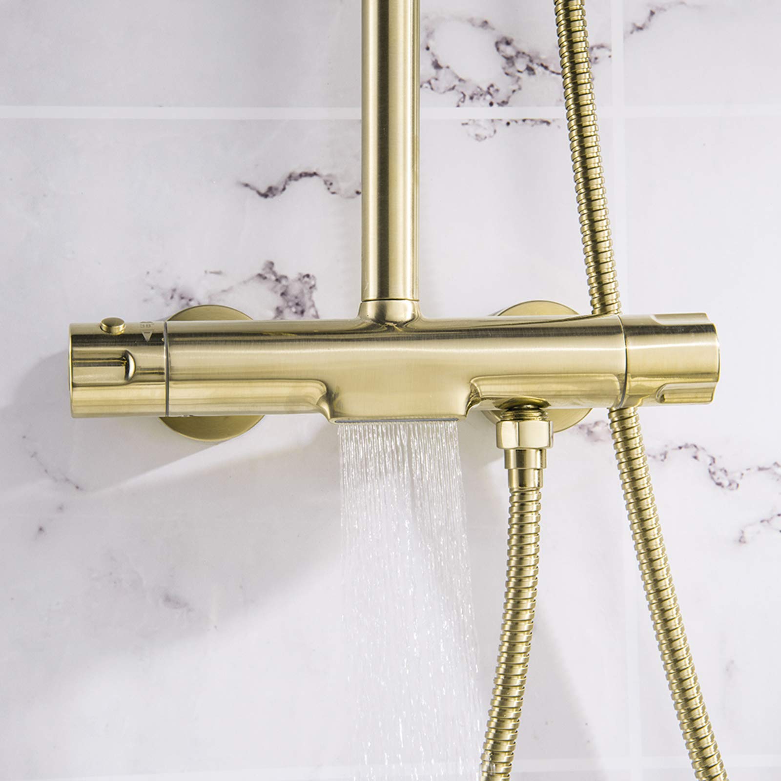 10 Inch Thermostatic Shower Combo Set - Wall Mounted Brushed Gold Bathroom Shower Faucet with Rainfall Shower Head & Handheld Shower - Waterfall Bathtub Faucet for Luxury Spa Experience at Home