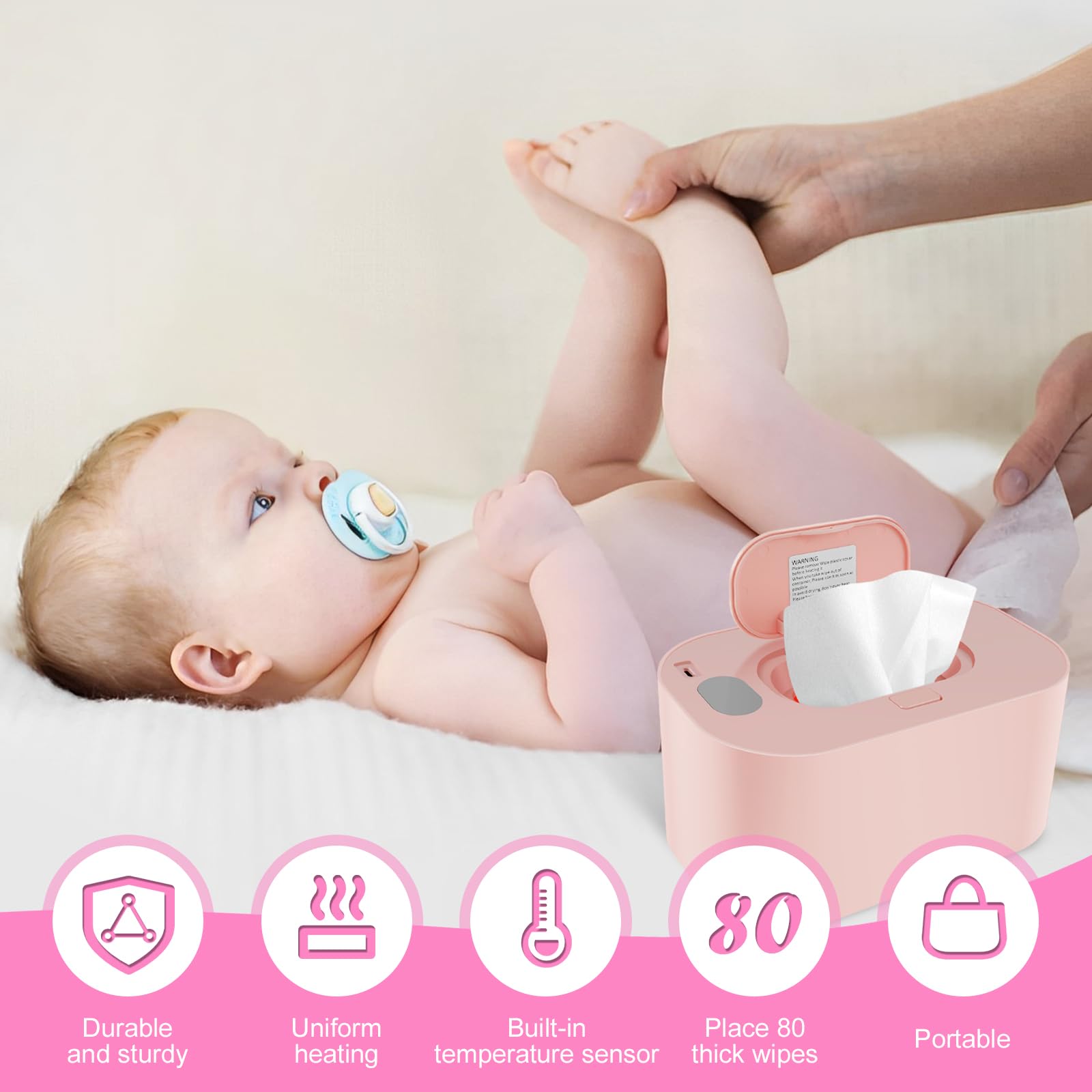 Baby Wipe Warmer with Thermostat Control - USB-Powered Portable Wipes Heater for Even Heating, Prevents Dryness - Fast & Gentle Warming for Diaper Changes at Home, Nursery or On-the-Go - Compact 7.87×4.72×3.93in Pink Wipes Warmer (Perfect for Newborns & Sensitive Skin)