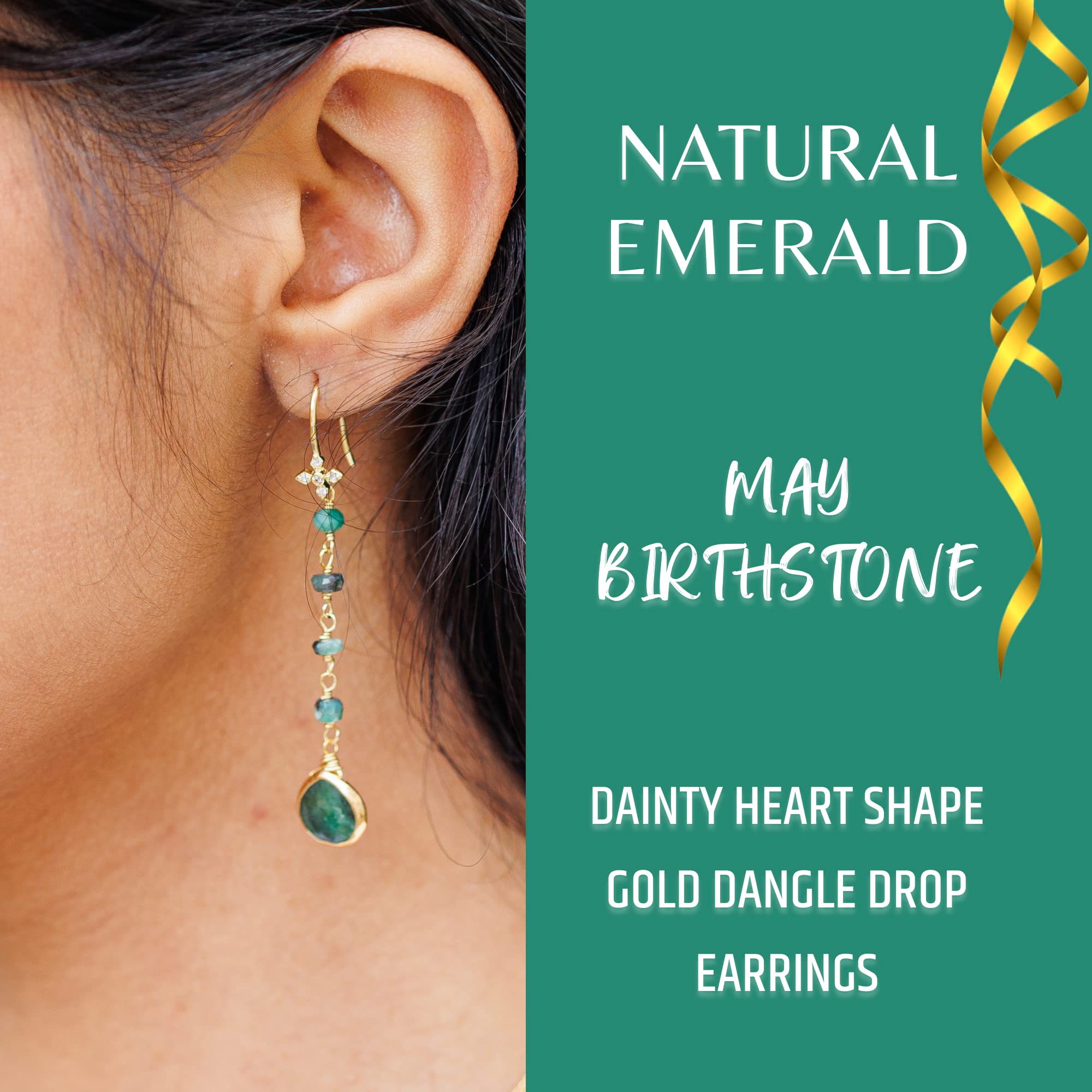 Genuine Emerald Earrings for Women - 925 Sterling Silver & 18K Gold Plated May Birthstone Jewelry | Trendy Heart Dangle Earrings with Long Chain | Perfect Gift for Mother's Day, Teens & Girls | Elegant for Weddings, Parties & Special Occasions