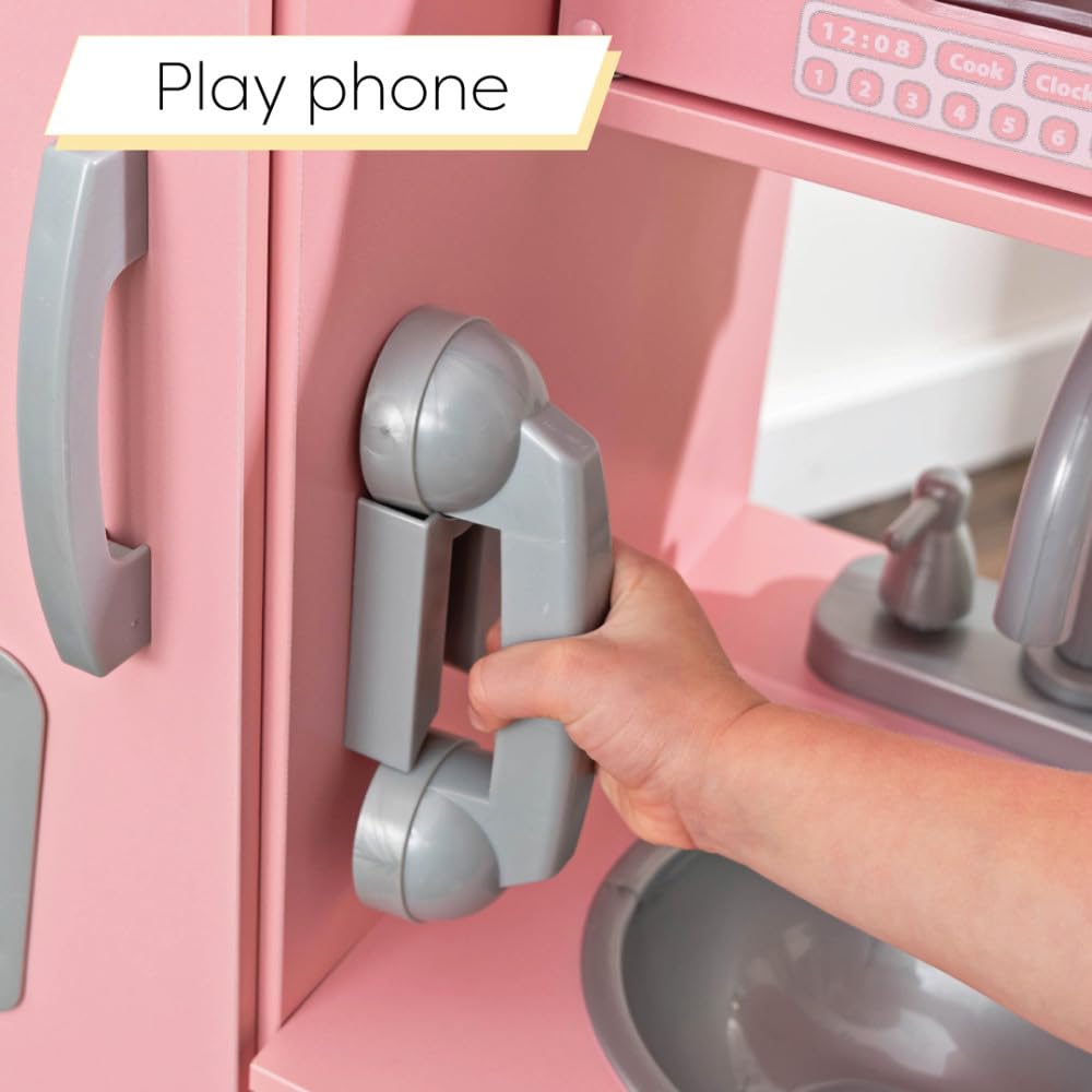 KidKraft Vintage Wooden Play Kitchen Set with Pretend Ice Maker & Play Phone - Pink Toy Kitchen for Girls & Boys - Perfect for Pretend Play, Role Play & Early Learning at Home