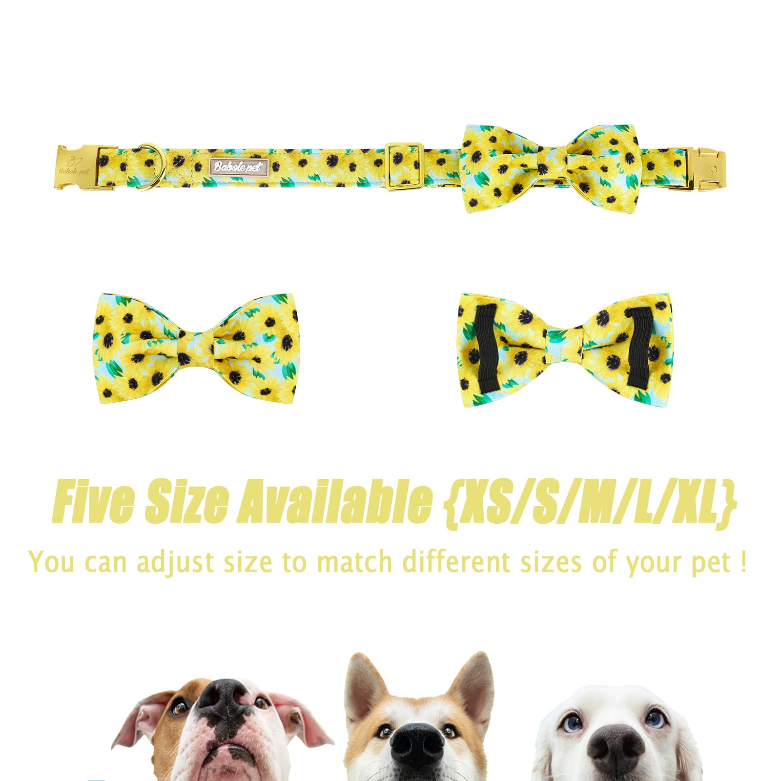 Adjustable Cotton Dog Collar with Sunflower Bow Tie & Metal Buckle - 16