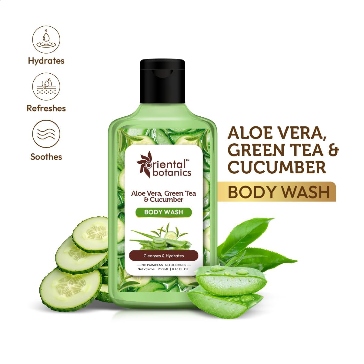 Aloe Vera, Green Tea & Cucumber Body Wash - 250ml | Natural Hydrating & Refreshing Shower Gel | Paraben & Sulfate Free | Cruelty-Free & Vegan | Perfect for Sensitive Skin & Daily Moisturizing
