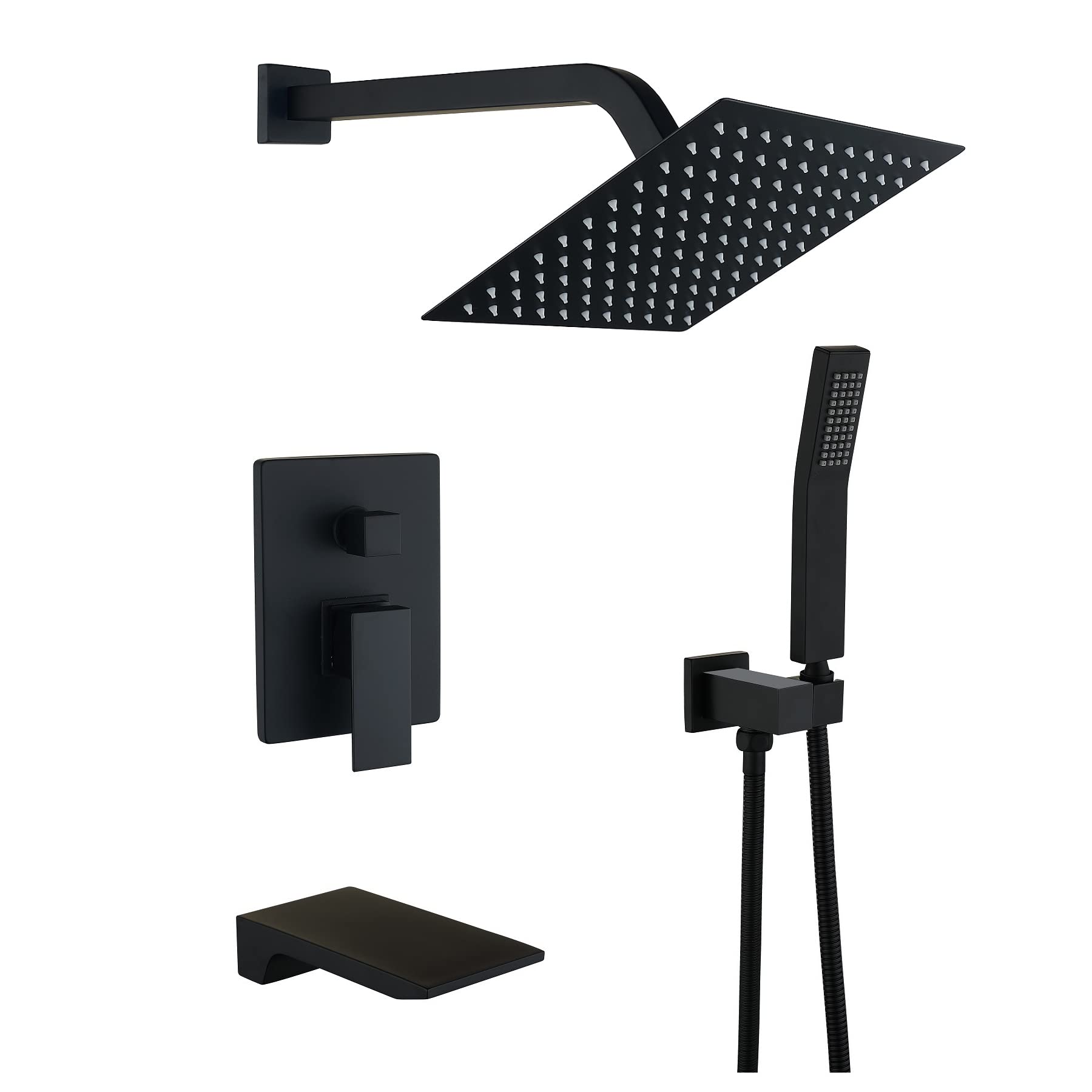 Premium Matte Black Bathtub Shower System - 10 Inch Rainfall Shower Head & Handheld Spray Combo with Rough-in Valve & Trim Kit | Modern Bathroom Upgrade for Spa-Like Experience