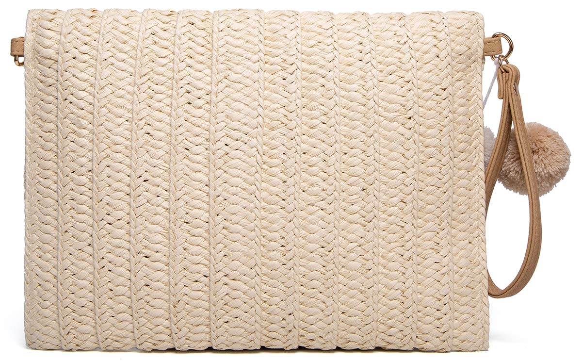 Handwoven Straw Clutch with PomPom - Women's Crossbody Bag for Summer Beach, Boho Purse & Wallet | Perfect for Vacations, Pool Parties, and Outdoor Events