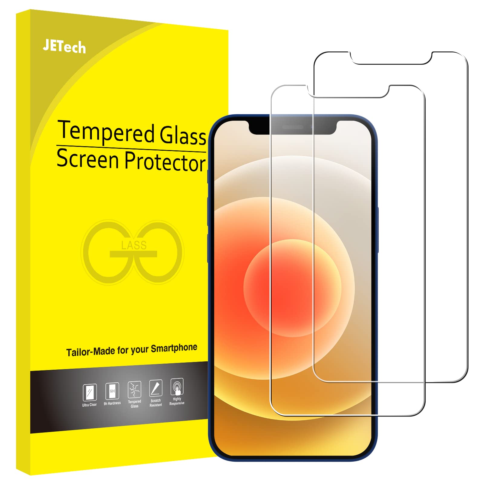 JETech iPhone 12/12 Pro 6.1-Inch Tempered Glass Screen Protector - 2 Pack - HD Clear, Anti-Scratch, Bubble-Free - Perfect for Everyday Protection & Gaming
