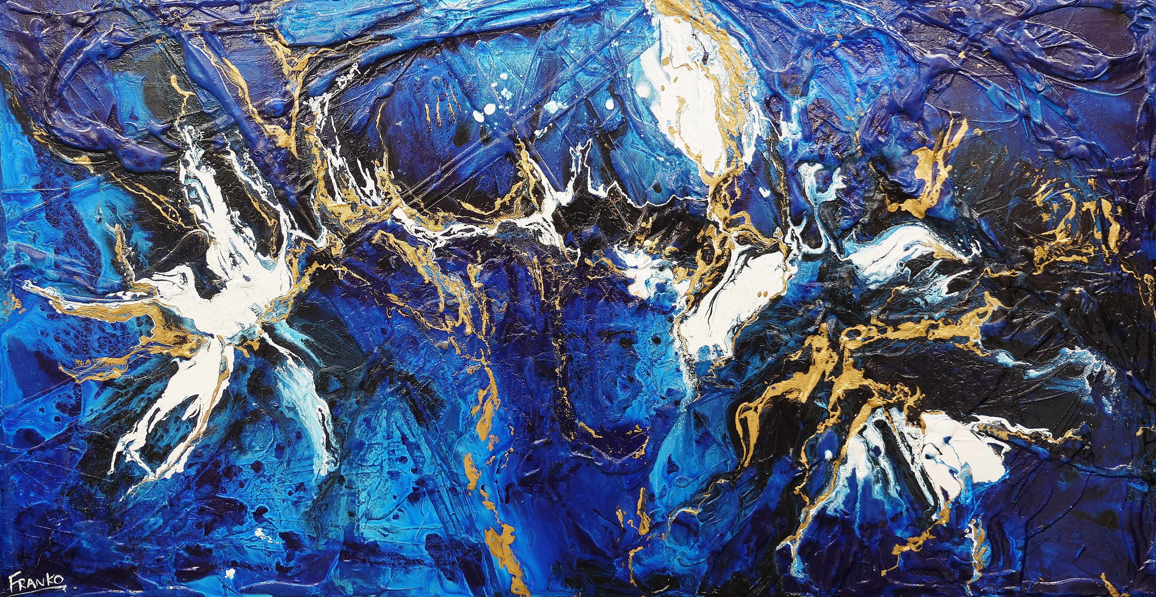 Golden Blu 190cm x 100cm Blue Gold Textured Abstract Canvas Art - Modern Wall Decor for Living Room, Bedroom & Office