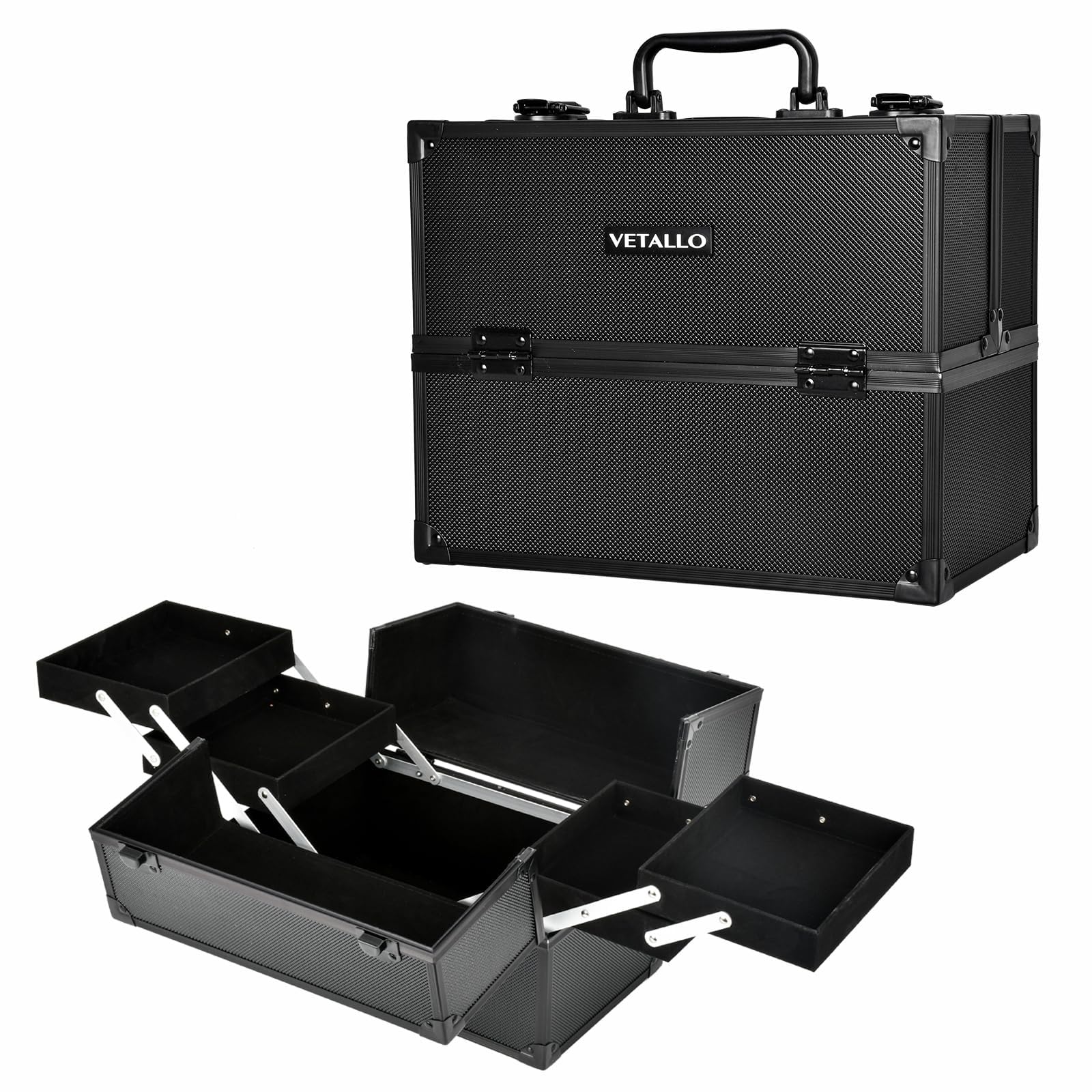 VETALLO Large Travel Makeup Case Organizer - Portable Cosmetic Train Case with Mirror | Professional Makeup Storage Box | Perfect Birthday Gift for Women & Bestie (Black) | Ideal for Travel, Salon Professionals & Home Organization