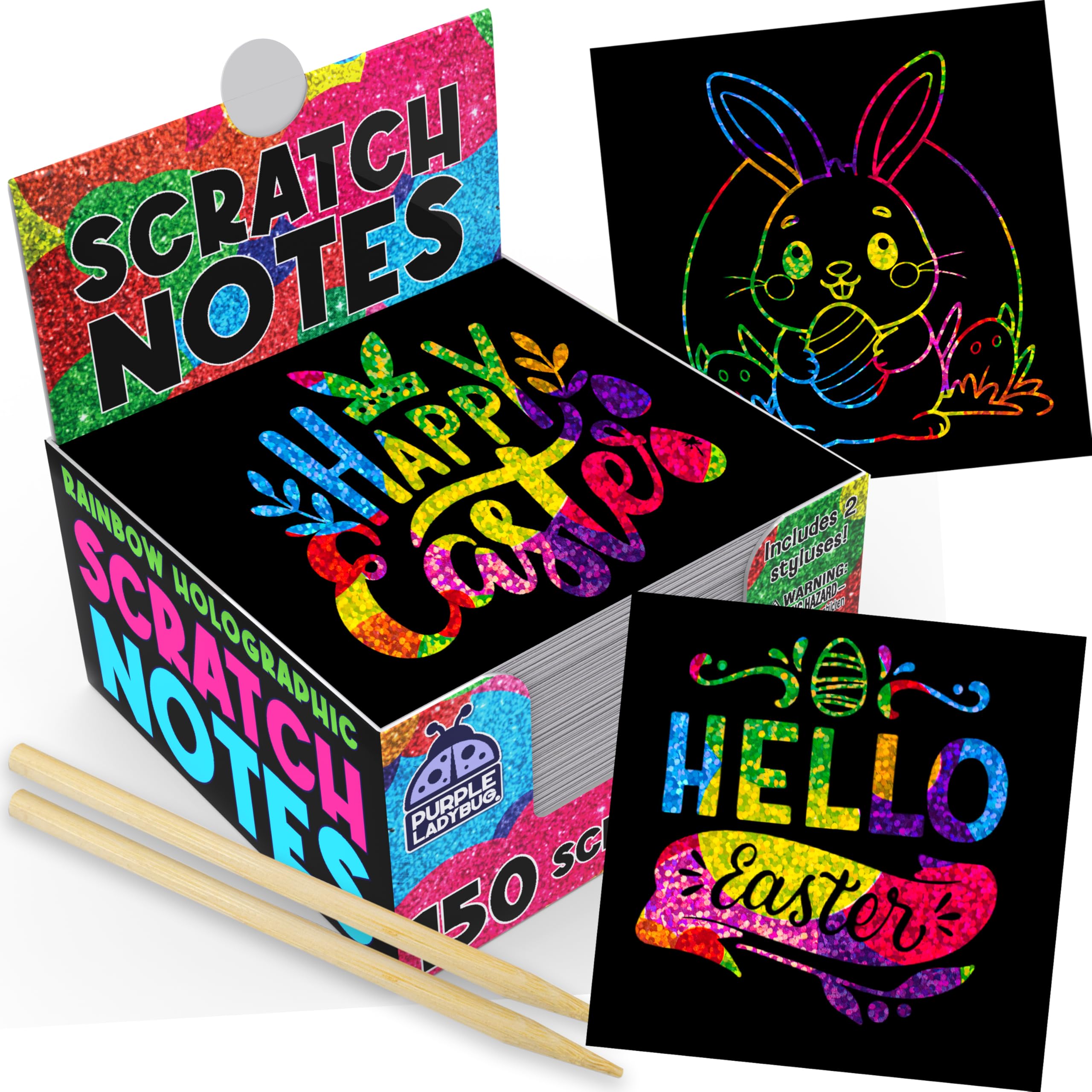 PURPLE LADYBUG Rainbow Holographic Scratch Art Mini Notes - Easter Basket Stuffers for Girls, Teen Girl Gifts, Cool Trendy Arts & Crafts for Kids Ages 4-12 - Perfect for Birthday Parties, Classroom Activities & Creative DIY Projects