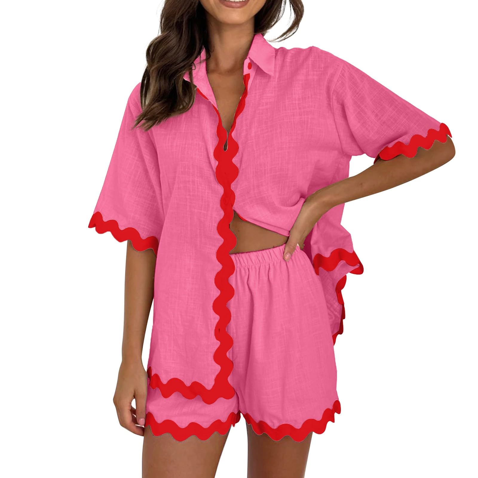 Women's 2-Piece Summer Outfits - Cotton Linen Short Sleeve Shirt & Shorts Set | Casual Vacation Wear & Loungewear for Beach, Travel & Relaxation