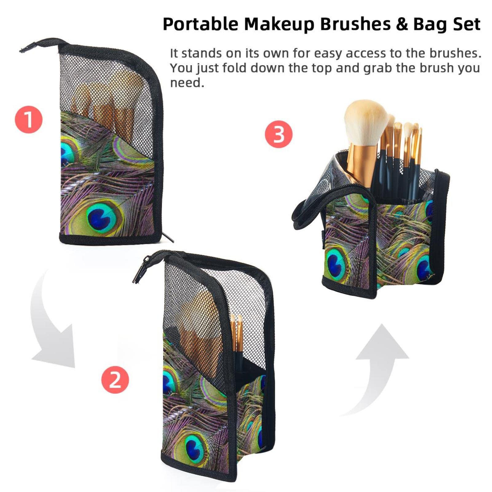 Premium 12-Piece Makeup Brush Organizer Bag with Feather Texture Peacock Design - Portable Travel Cosmetic Brush Holder Case for Professional Artists & Home Vanity Use