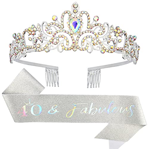 40th Birthday Sash & Tiara Set for Women - Silver '40 & Fabulous' Birthday Crown & Decorations - Perfect 40th Birthday Party Gifts & Celebration Accessories