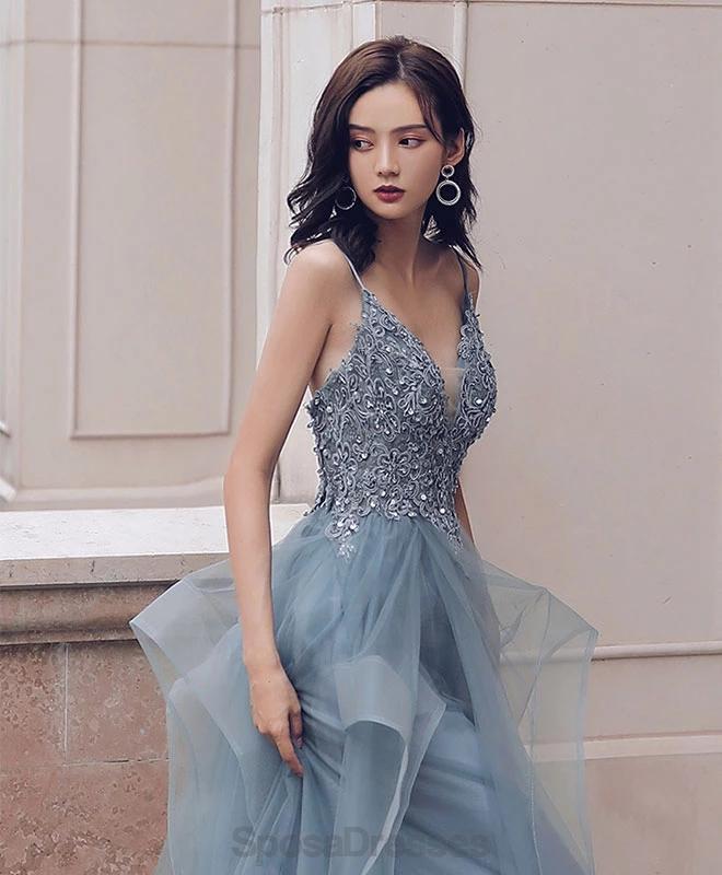 Elegant Dusty Blue V-Neck Spaghetti Strap Lace Beaded Prom Dress | Formal Evening Gown for Homecoming, Wedding, Party | Style 12170