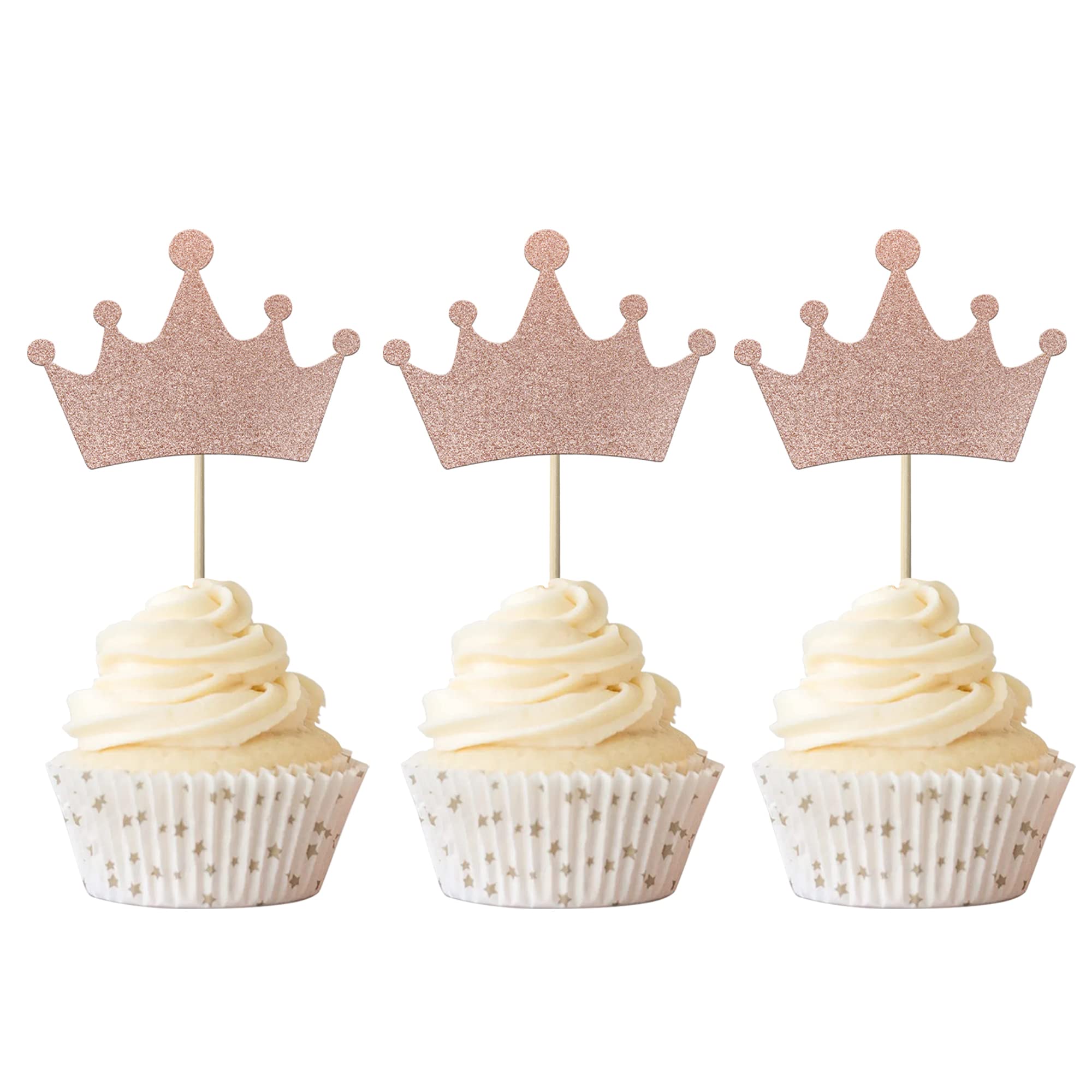 24 Pack Glitter Crown Cupcake Toppers - Rose Gold Princess Tiara Cake Decorations for Baby Shower, Gender Reveal & Girls Birthday Party | Perfect for Wedding, Bridal Shower, and Royal Theme Celebrations