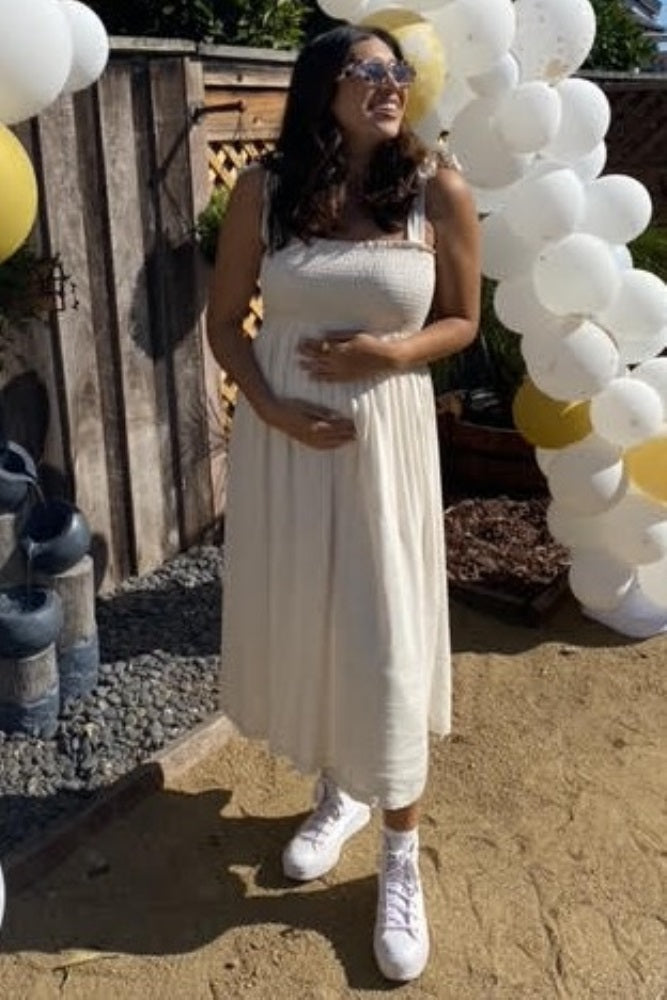 Beige Smocked Tie Strap Maternity Midi Dress for Pregnancy - Comfortable Stretchy Nursing Dress for Baby Shower, Maternity Photos & Everyday Wear