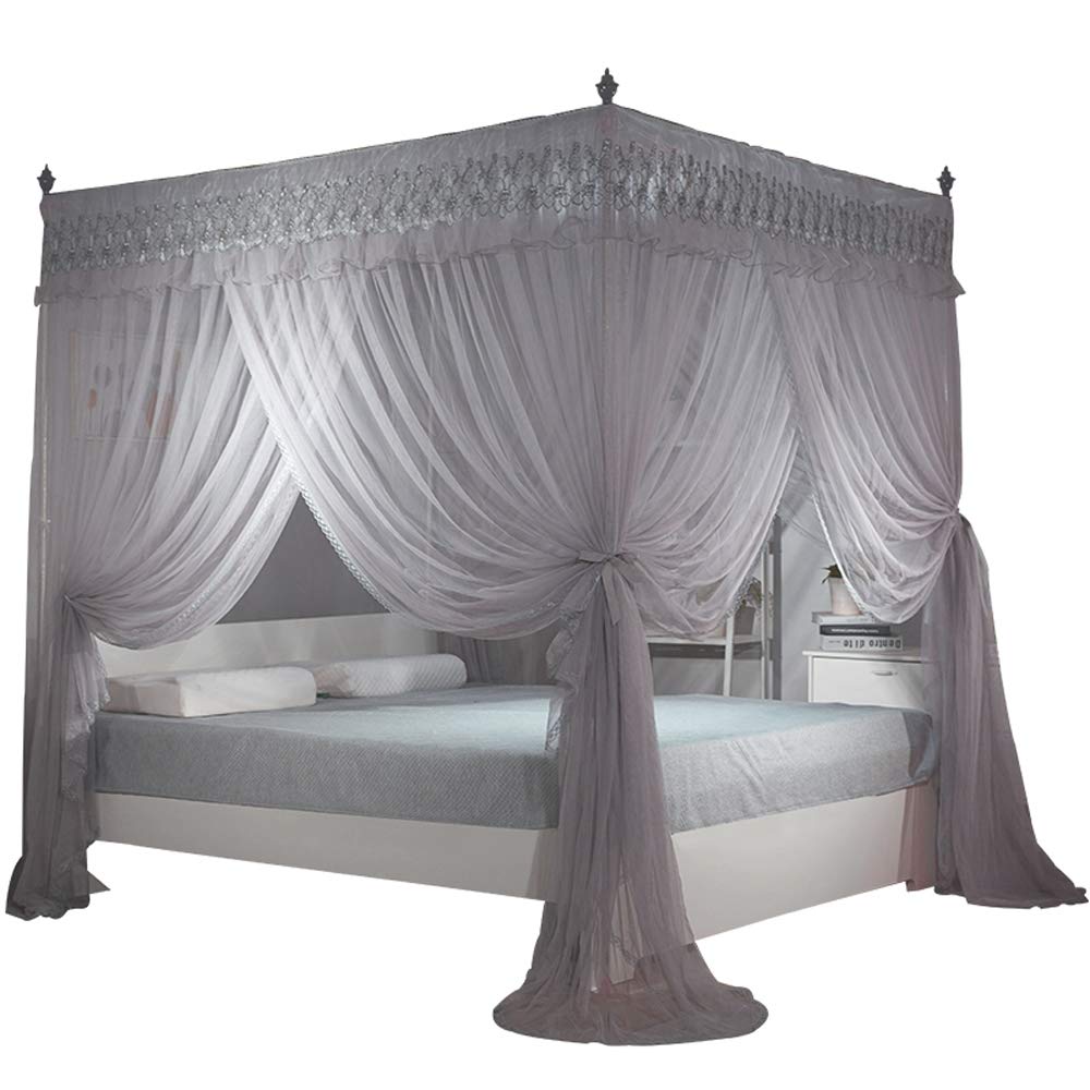 4 Corners Post Canopy Bed Curtain for Girls & Adults - Twin Size Gray Bed Canopy with 4 Openings - Elegant Bedroom Decoration for Kids Room, Master Bedroom & Dormitory