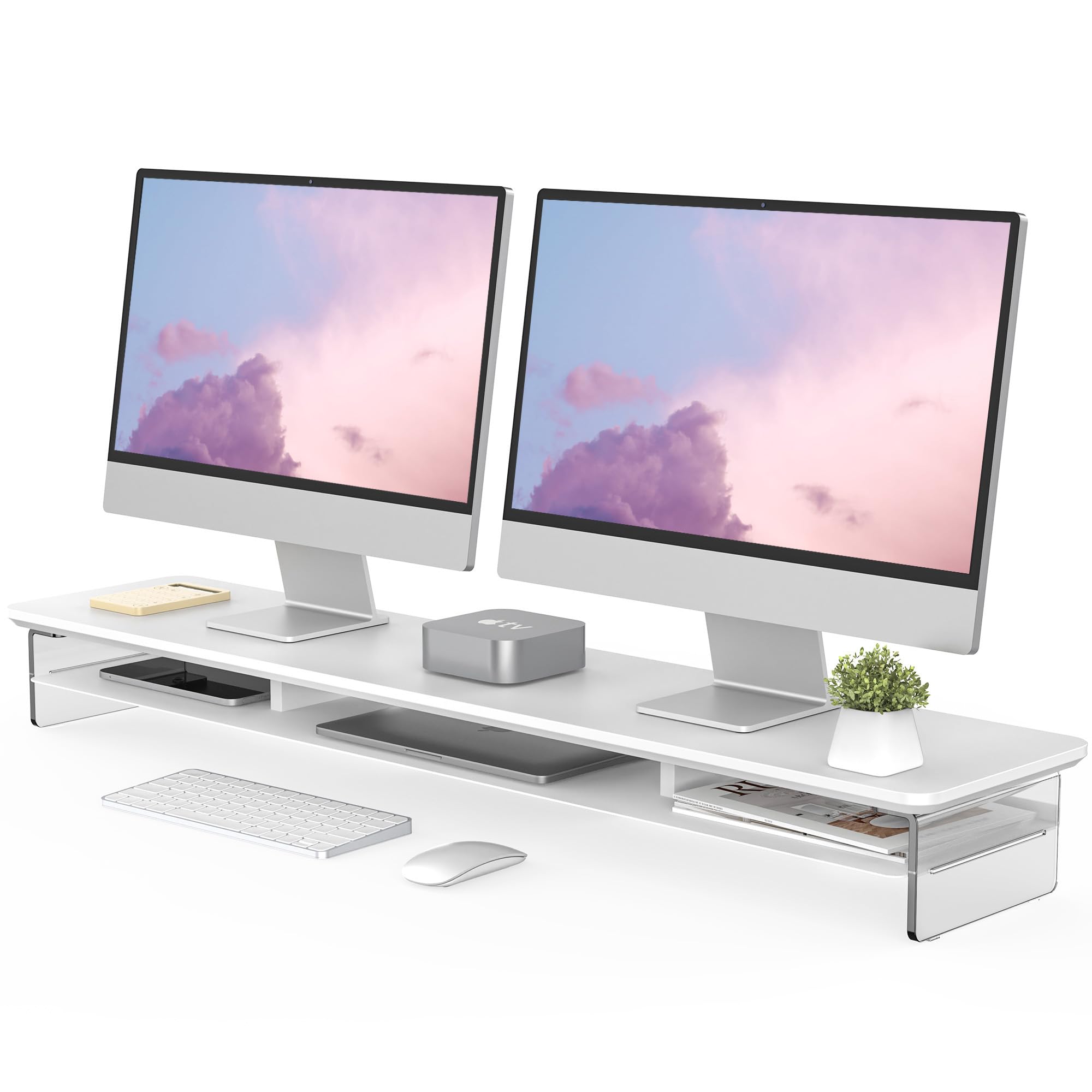 FENGE 42.5 Inch 2-Tier Acrylic Dual Monitor Stand Riser with Storage Organizer - White | Ergonomic Computer Desk Organizer for Home Office, Gaming Setup & Workspace | Fits Laptop, PC, TV & Multiple Screens
