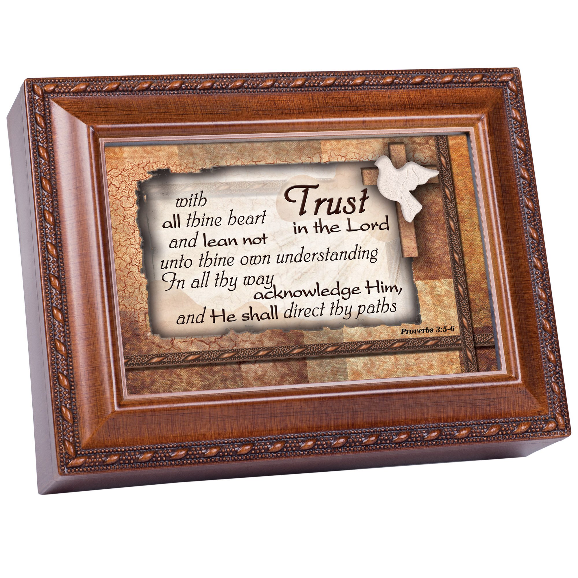Trust in The Lord Woodgrain Music Jewelry Box - Plays 'How Great Thou Art' Hymn - Cottage Garden Style Gift for Christian Home Decor & Keepsake Storage